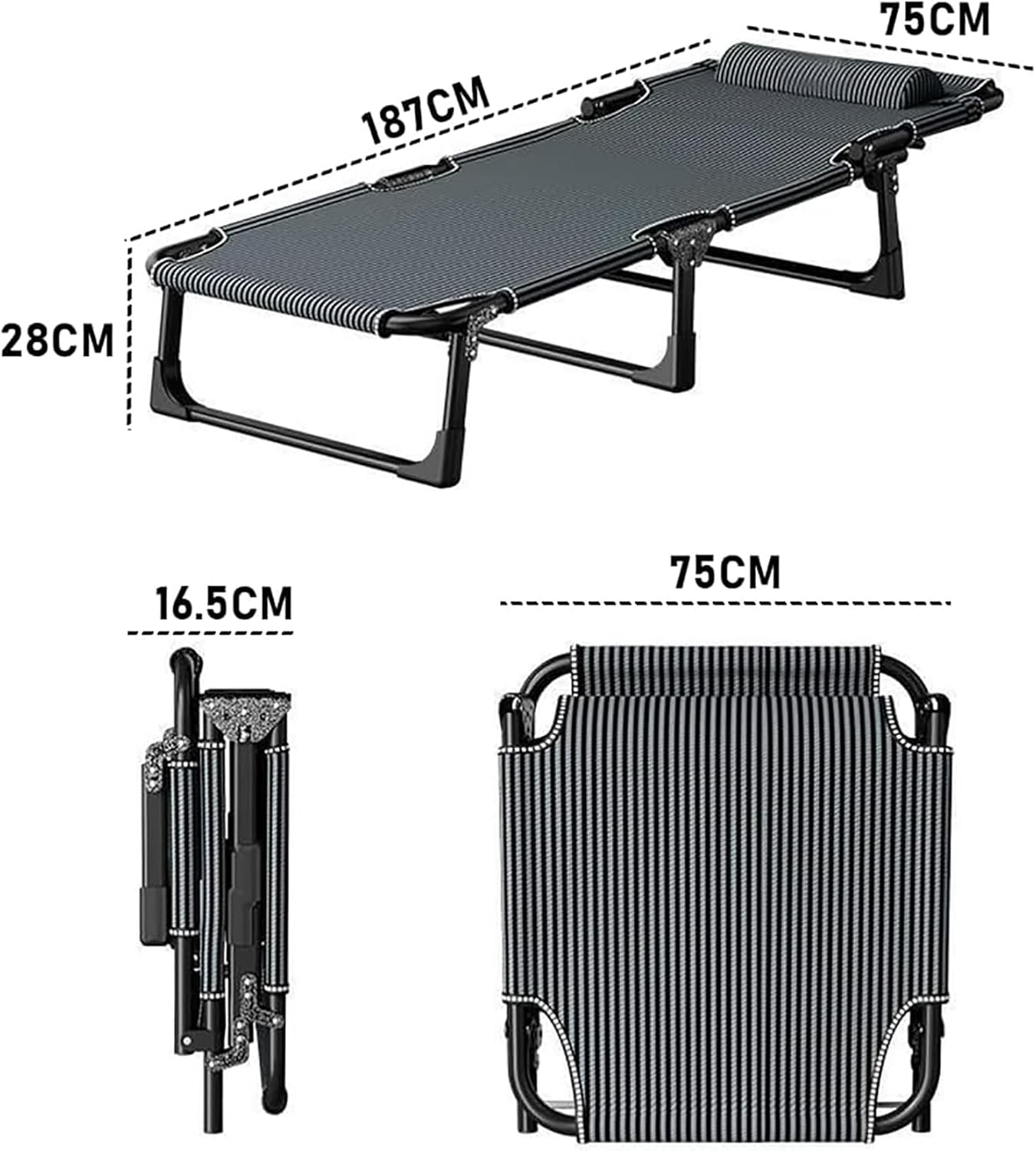 Adjustable Folding Bed with Mattress, Camping Cot Cushion and Pillow, Lightweight Convertible Lounge-Recliner, Sleeping Cot Outdoor Camping Bed for Camp, Travel, Beach, Patio, Office, Home Naps