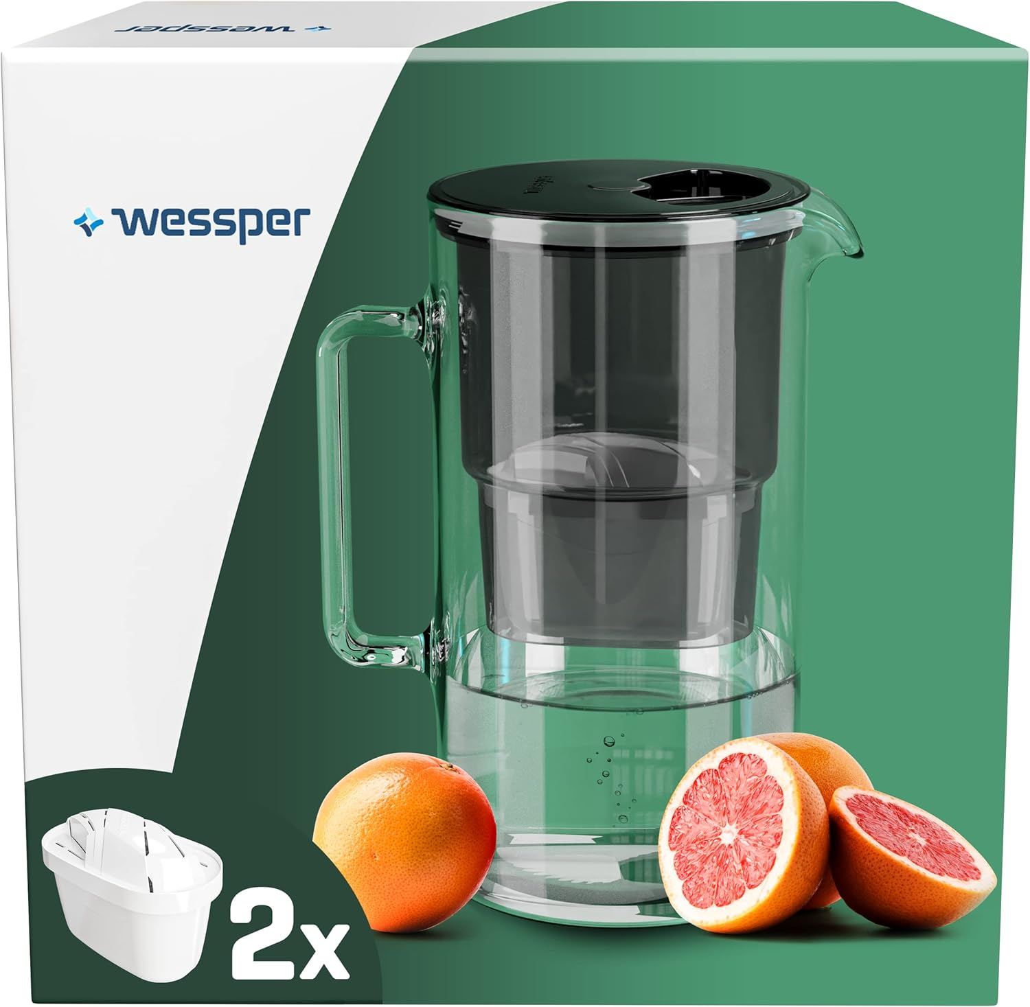 Wessper Glass Filter Jug with Two Filters for Carafes, Compatible with Brita Maxtra, Brita Maxtra+, Large Capacity 3L, Carafe Kit + 2 Cartridges- Mint