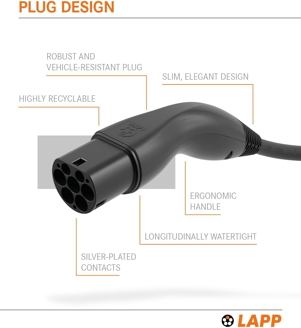 Lapp Type 2 5M Self-Retracting EV Helix Cable 7.4Kw 1P 32A, Type 2 to Type 2 EV/PHEV Charging, Black, Compatible with S/3/X/Y - Orange image number 4