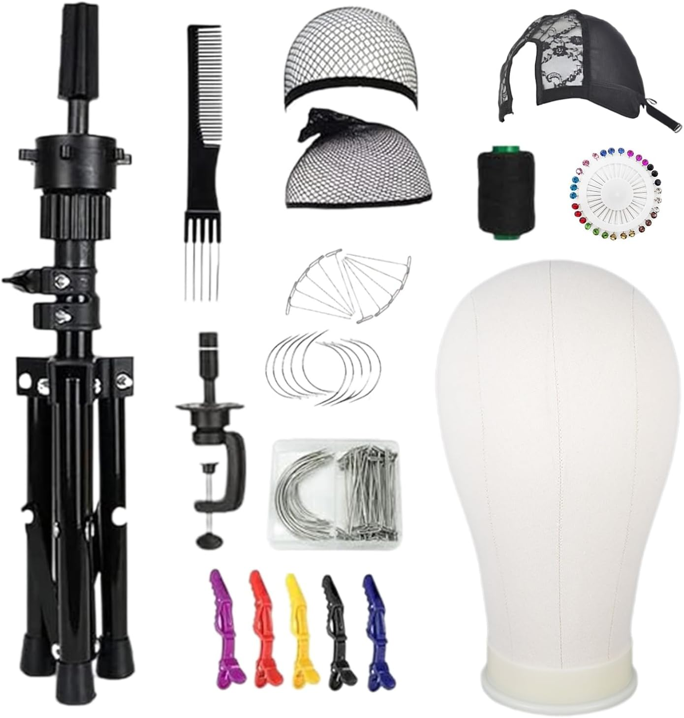 Yuedefly 22 Inch Wig Head, Wig Stand Tripod with Head, Canvas Wig Head, Mannequin Head, Styling Hair Clips, Needles, C Needles, Thread, Lace Wig Caps