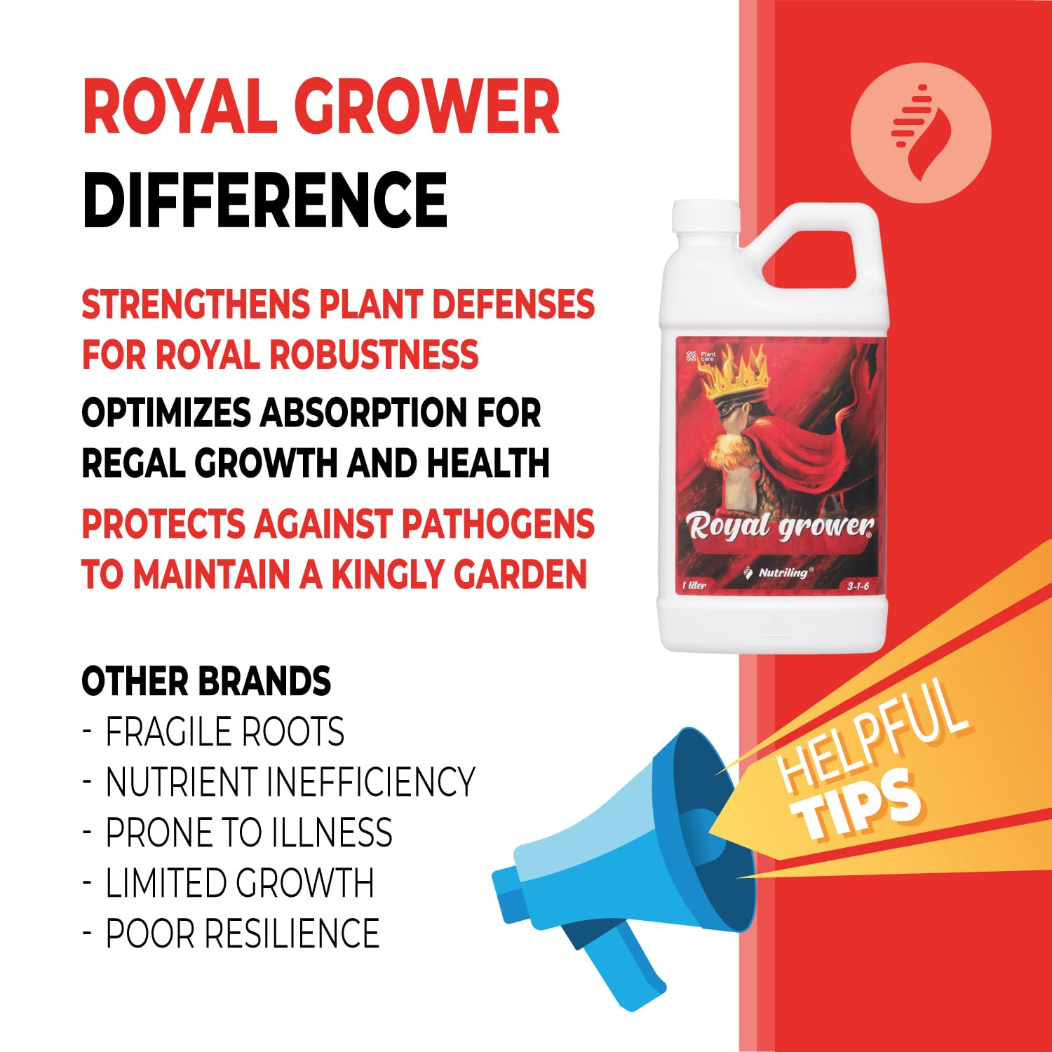 Grow Big Fertilizer and Plant Nutrients. Royal Grower 3-1-6 Liquid NPK Plant Food. for Indoor Outdoor Nutriling 1L