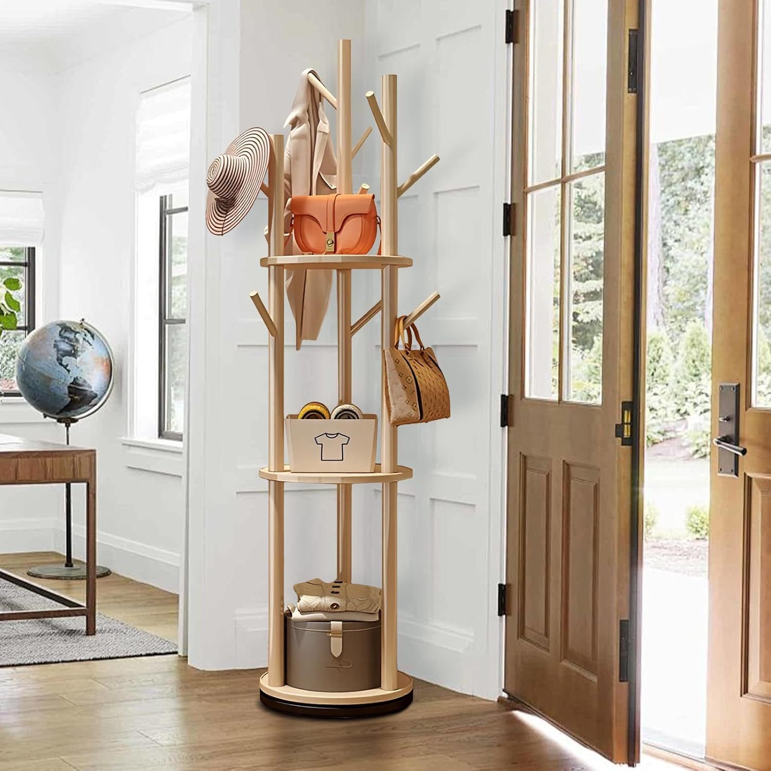 Uandhome Wood Rotary Coat Rack, Freestanding Coat Rack with 3 Shelves and 9 Hooks, Coat Tree for Bedroom, Entryway, Livingroom, Coat Hanger Stand for Coats, Scarves, Handbags (Wood) image number 1