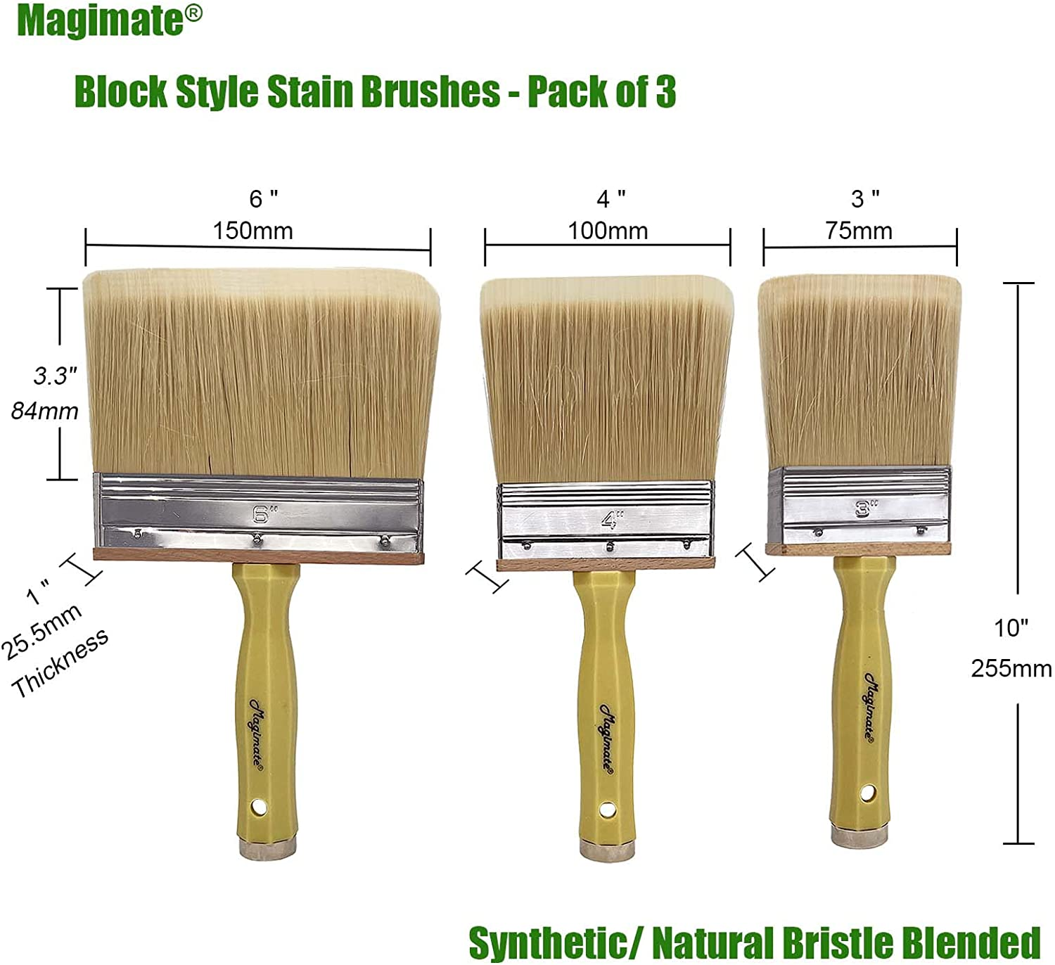 Deck Stain and Sealer Block Paint Brushes on Wood, Walls, Furniture, Shed and Fence, Large and Thick Bristle Paint Brushes, 3-Inch, 4-Inch and 6-Inch, Set of 3