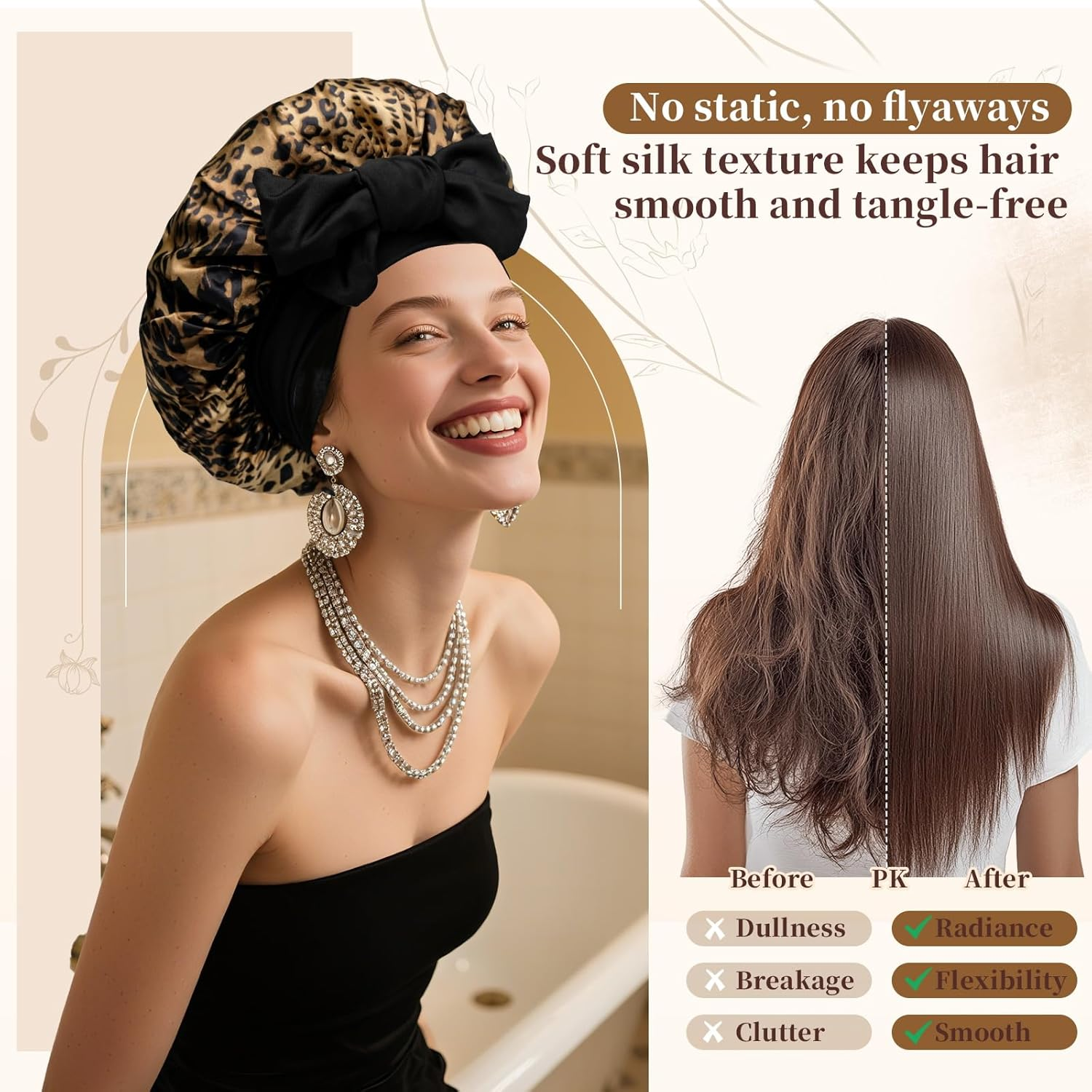 Novvia Silk-Like Satin Sleep Cap &ndash; Double-Layer Reversible Bonnet for Sleeping, Anti-Frizz Protection for Curly Hair, Smooth and Breathable Sleeping Cap for Night Use-Leopard Print+Black image number 4