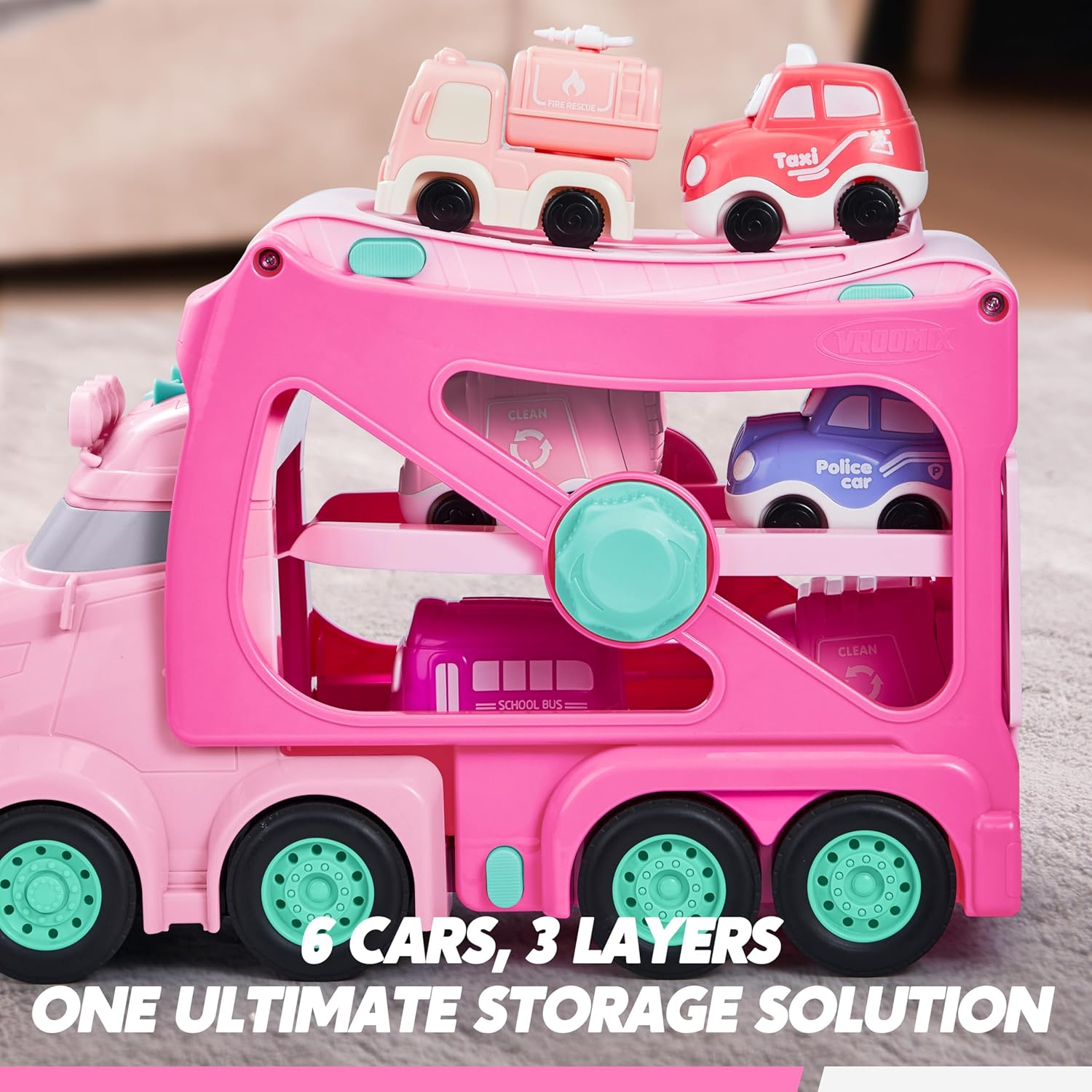 VROOMIX 3-Layer Extra Large Princess Pink Truck Toys for Girls, 7-In-1 Big Transport Vehicle Carrier Truck with Directional Tracks, Siren & Lights, 6 Cars, Chrismas Birthday Gifts for 3+ Years Old