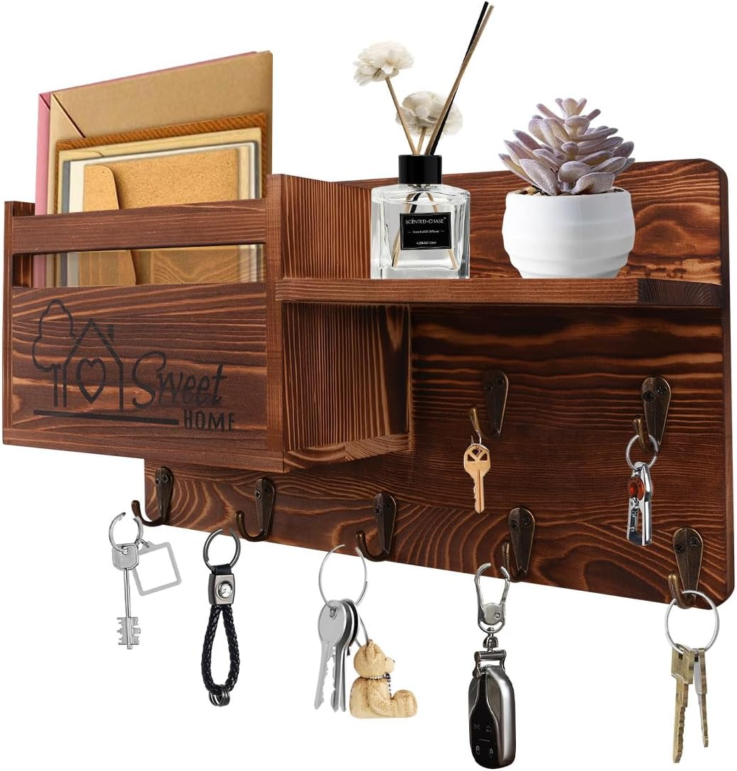 Gocokia Key Hanger Organizer, Mail and Key Holder for Wall Decorative, Wall Shelf with 7 Key Hooks, Wall Mounted Key Hangers with Mailbox, Home Decor (Brown)