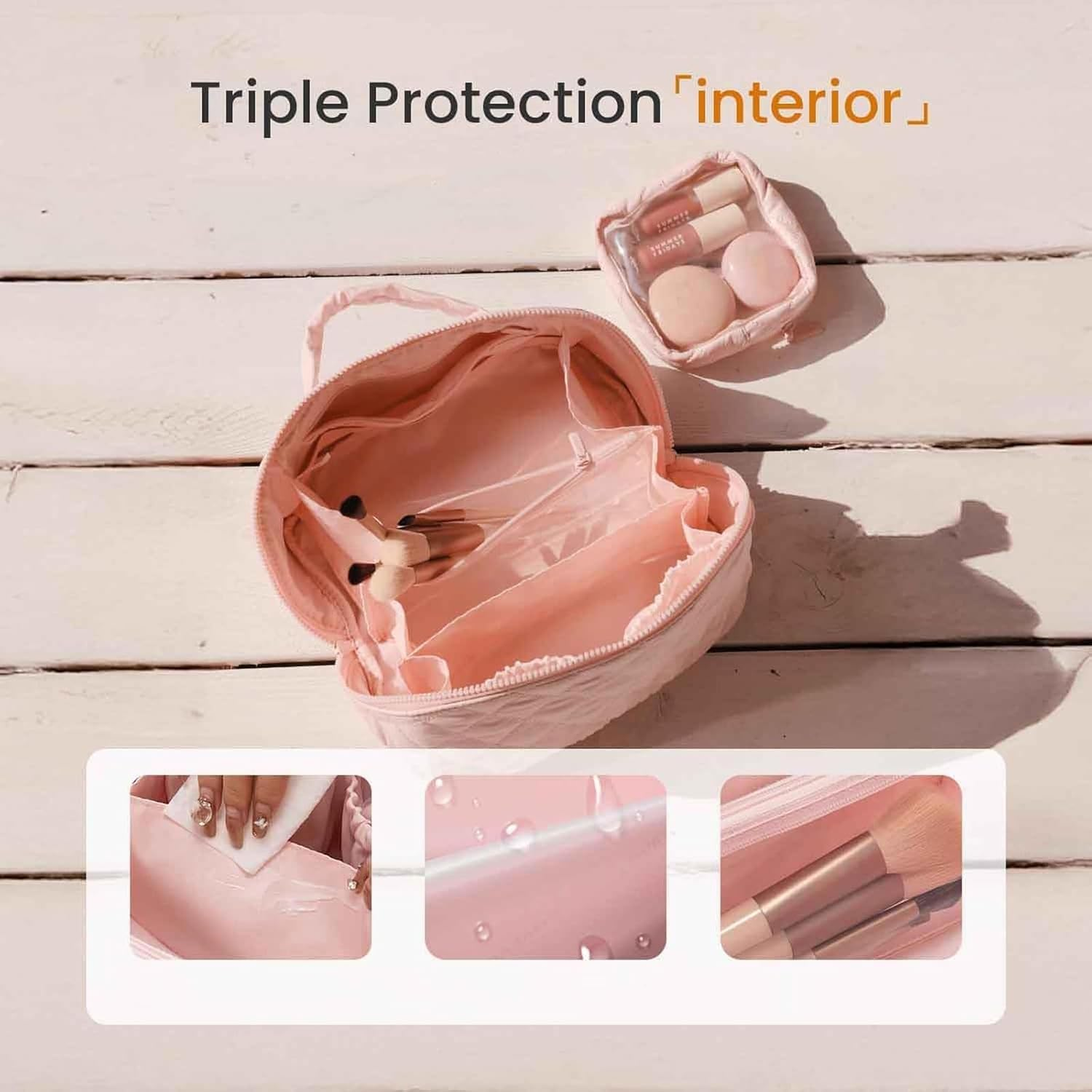 Petition Makeup Bag for Woman, Wide Open Lay-Flat Water-Resistant Cosmetic Case, Expandable Makeup Bag, Pouch Open Flat Small Toiletry Bags, with Brush Compartment, Handle (Blue) - Blue image number 6