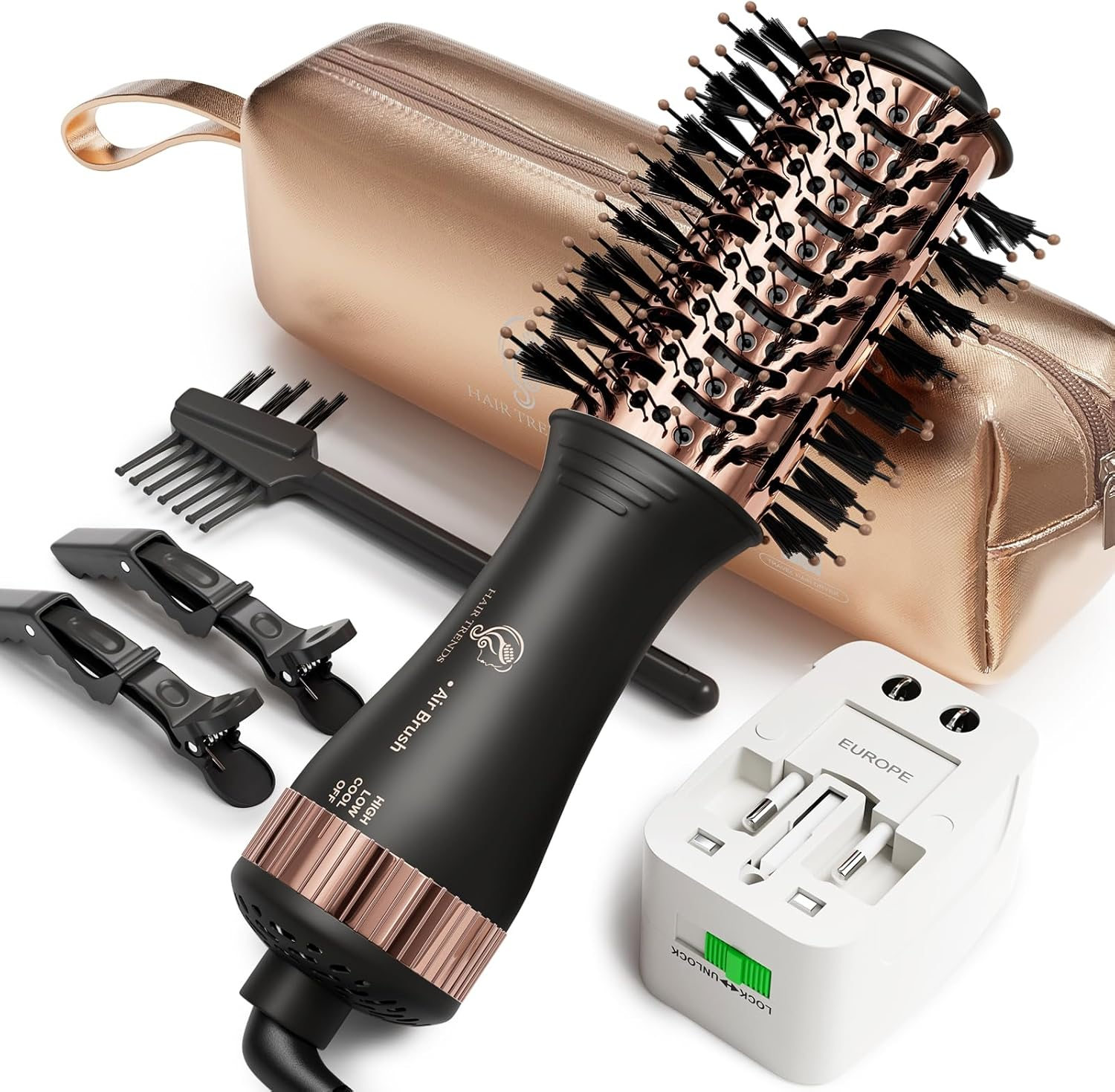 Dual Voltage Hair Dryer Travel Hair Brush , Hair Curler Small Hair Straightener Brush with European Plug Adapter for International Travel, 5 in 1 Hot Air Styler & Dryer for Drying Straightening Curl Brush