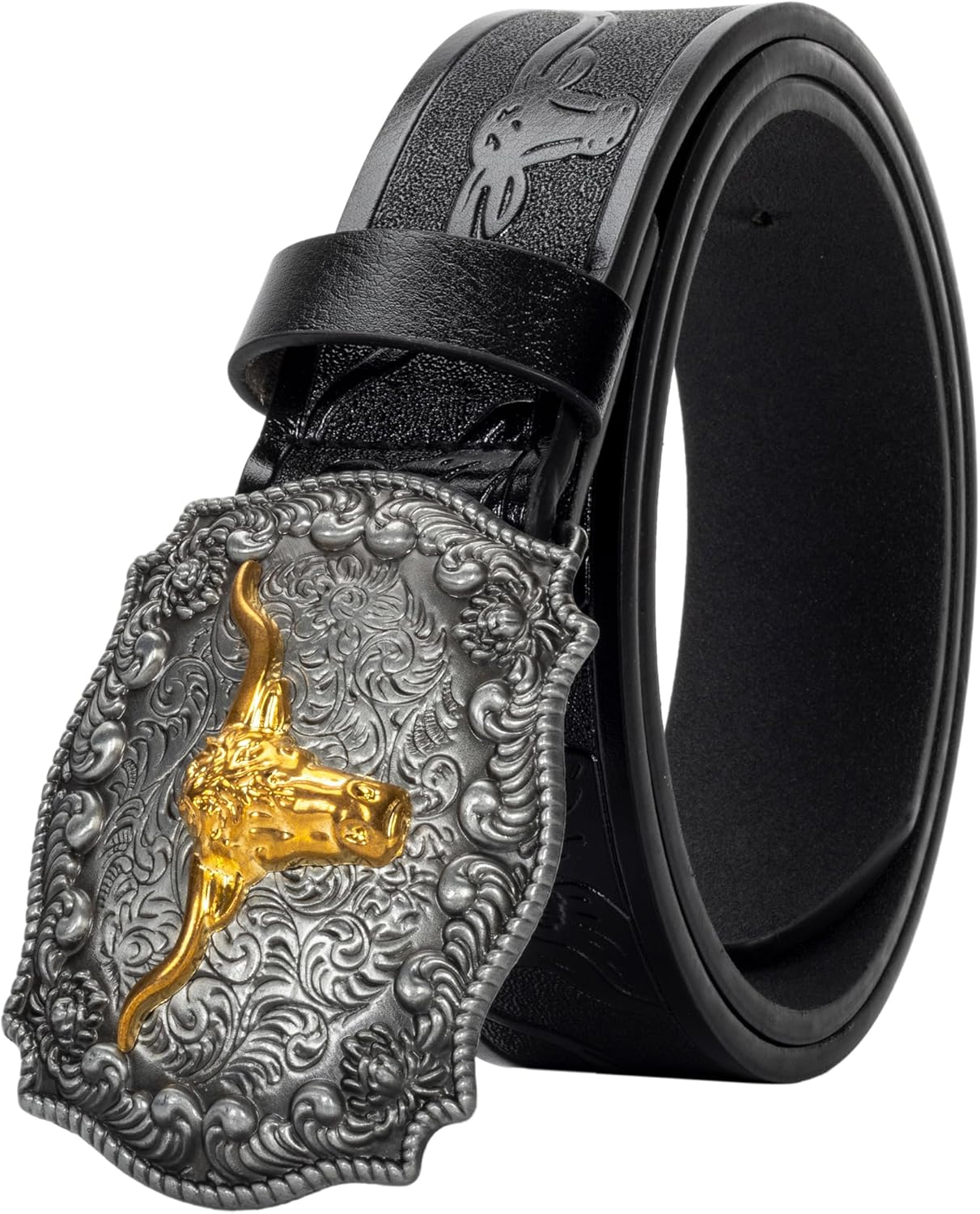Vikodah Men & Women-Western-Cowboy-Leather-Belts - Longhorn Bull Pattern Buckle Belt Floral Engraved Buckle Belt for Jeans