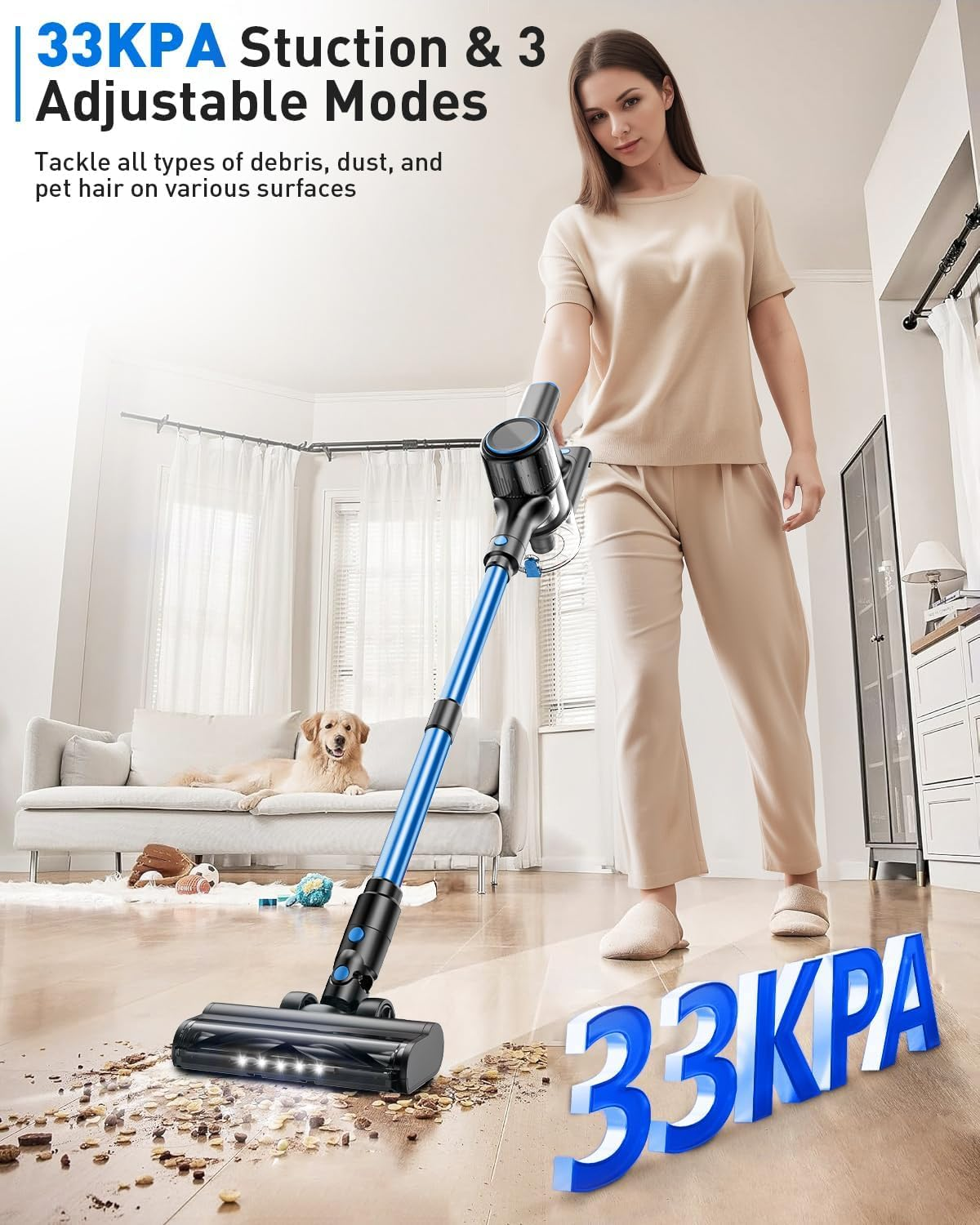 Cordless Vacuum Cleaner, 8-In-1 Stick Vacuum with LED Display & 3 Modes Suction, Detachable Battery, Lightweight Vacuum Cleaner for Home Hardwood Floors Carpets and Pet Hair (Blue) image number 2