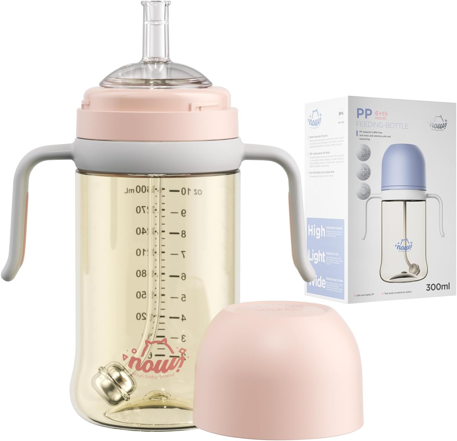 Nouri Training Cup with Weighted Straw Anti-Colic Leak-Proof Toddler Cups Sippy Cup with Straw Handle for Baby and Toddlers 10Oz/300Ml Spill Proof No Spill Magic Baby Bottle for 6 Month+ Drinking