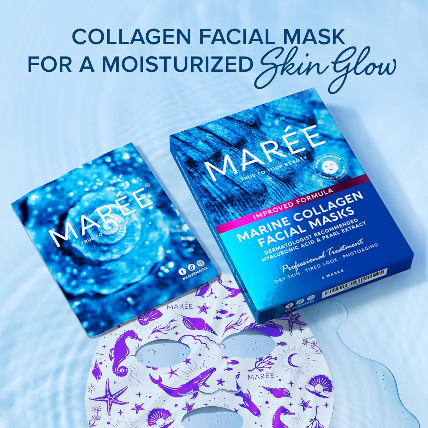 MAREE Collagen Facial Mask with Hyaluronic Acid - Hydrating Face Masks Skincare - Mascarillas Faciales for Women Skin Care - Multicolor, 6 Count