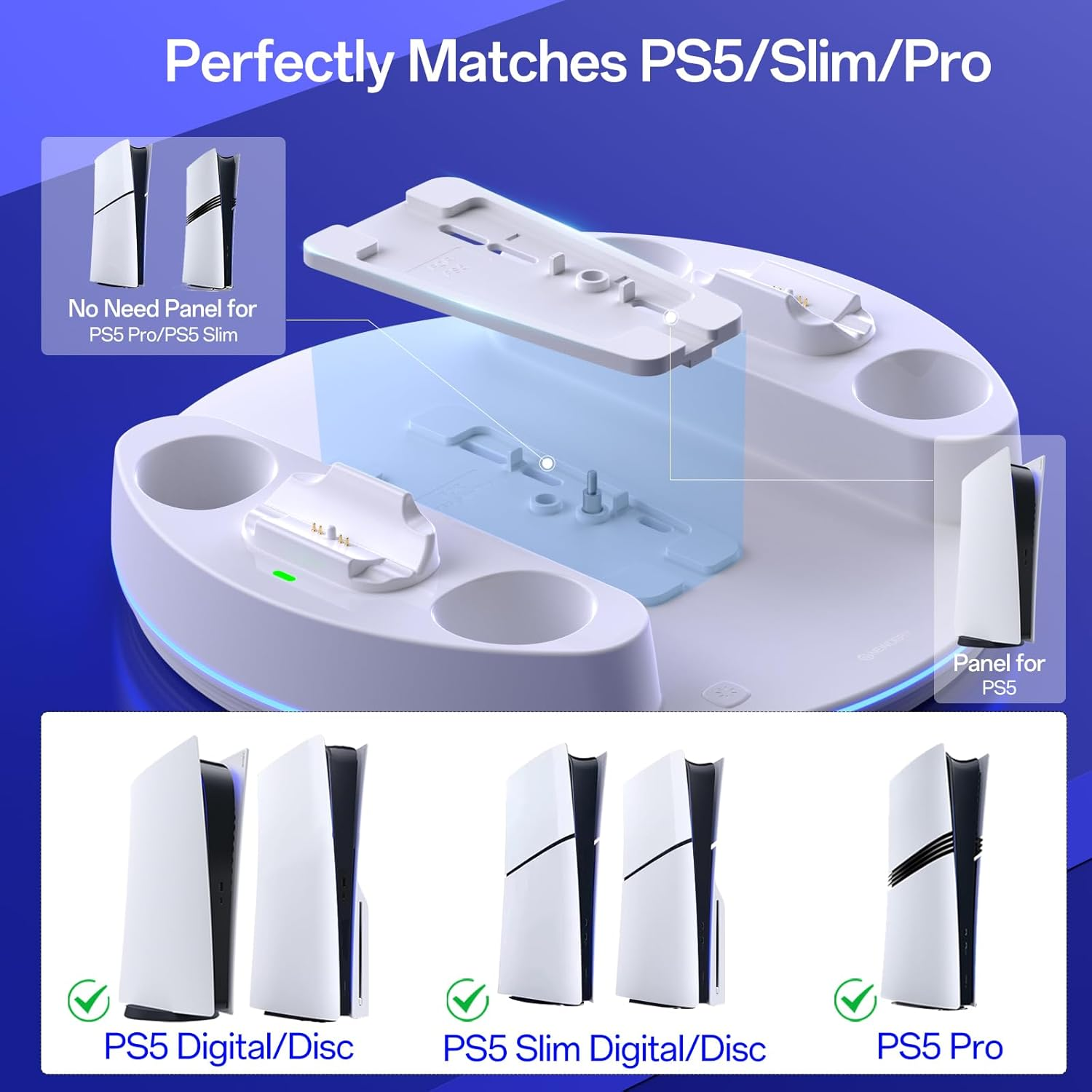 NEWDERY for P 5/Slim/Pro Console Stand, with Dual Charging Station for P 5 Controllers, Adjustable RGB Light, for Playstation 5 Controller Charger Stand - White image number 3
