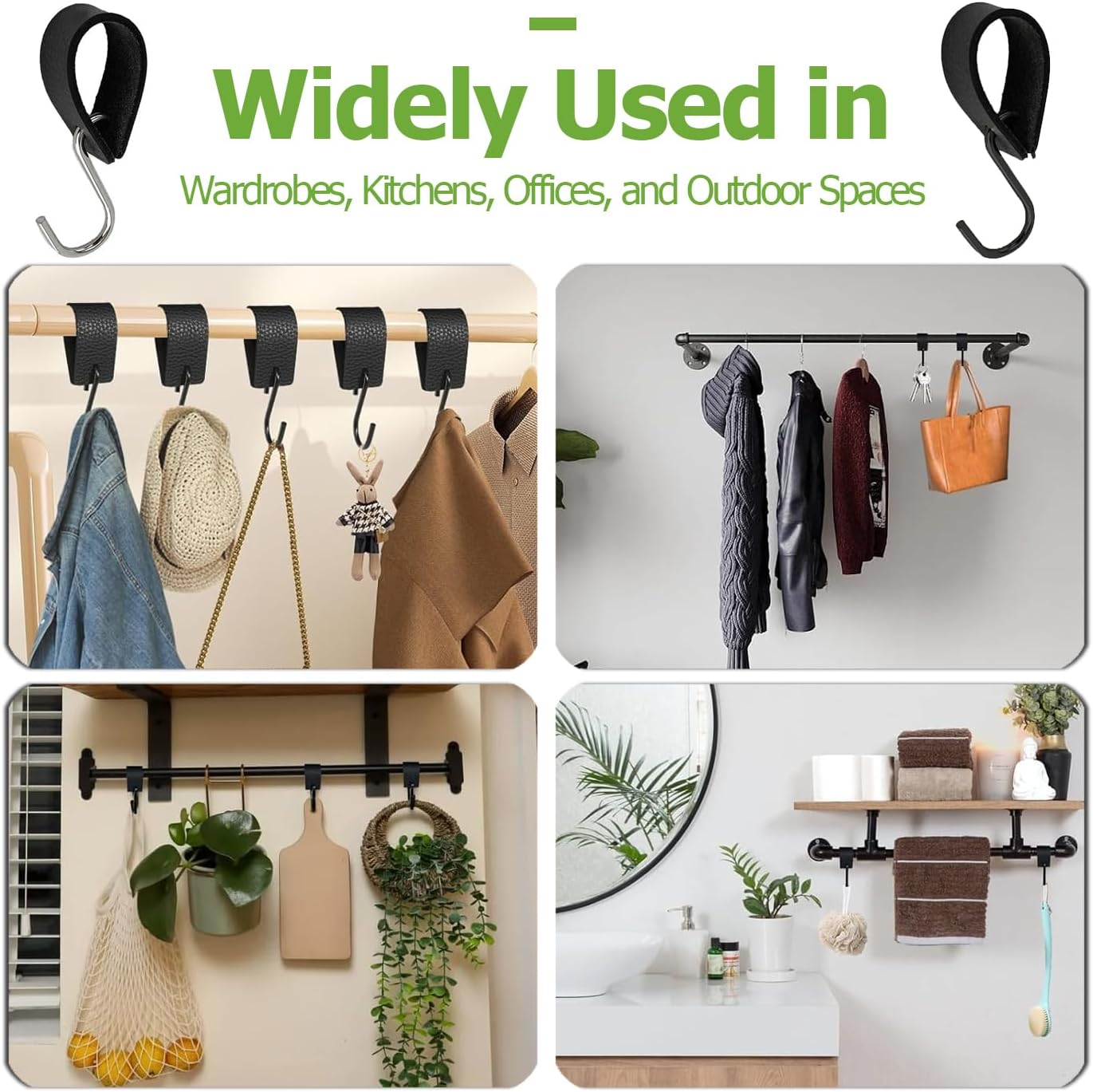 Bestgle 10 Pcs Leather S-Hooks Set, Multifunctional Black S Metal Hooks for Hanging, Hangers Hooks with Leather Loop for Kitchen, Bathroom, Camping Outdoors and Office image number 6