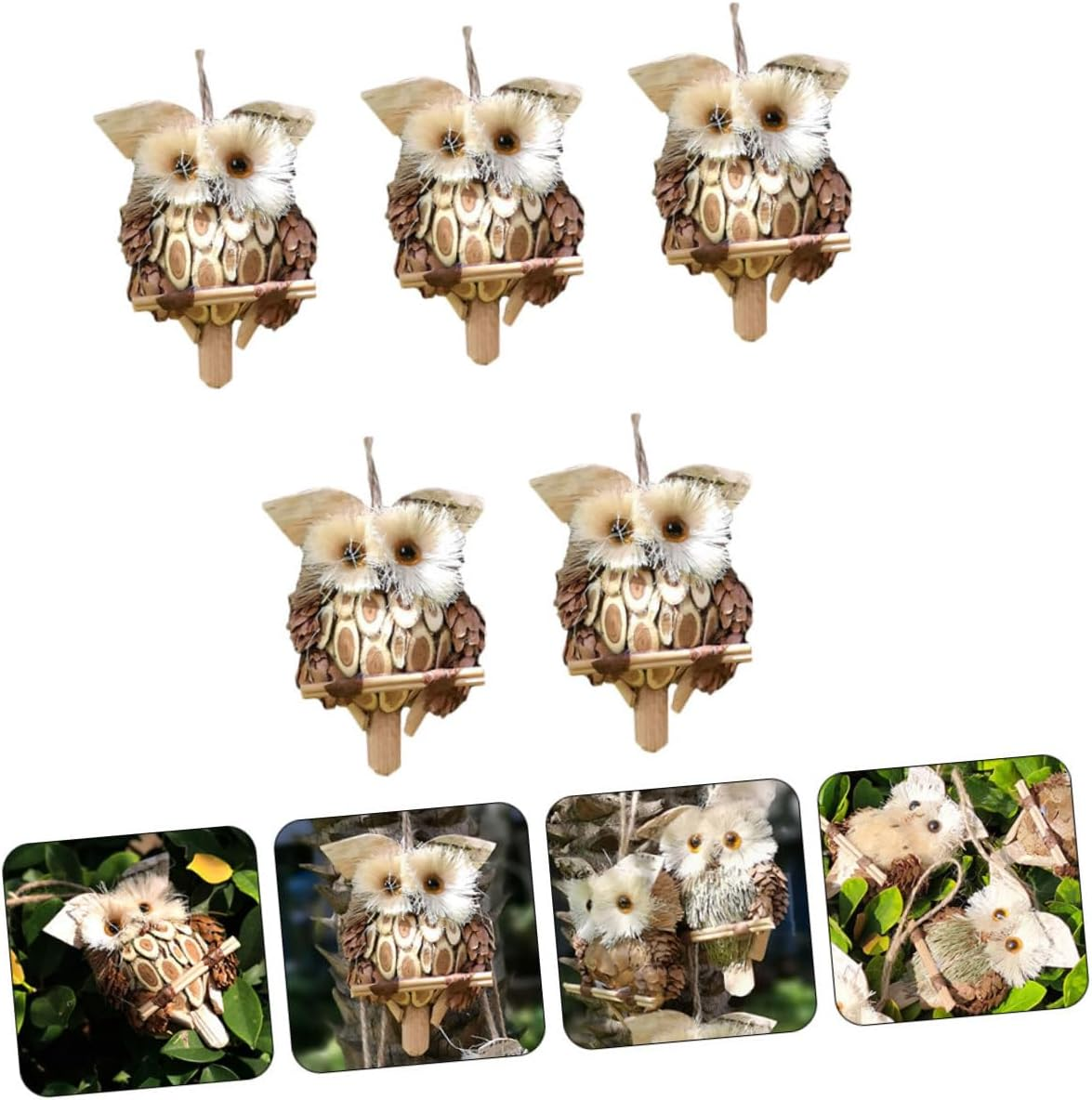 Yardwe 5Pcs Owl Pendant Christmas Decorations Ornament Log Bark Craft Wall Decor Mini Figurine Outdoor Wall Art Rustic Scene Elk Squirrel Hanging Decor image number 2