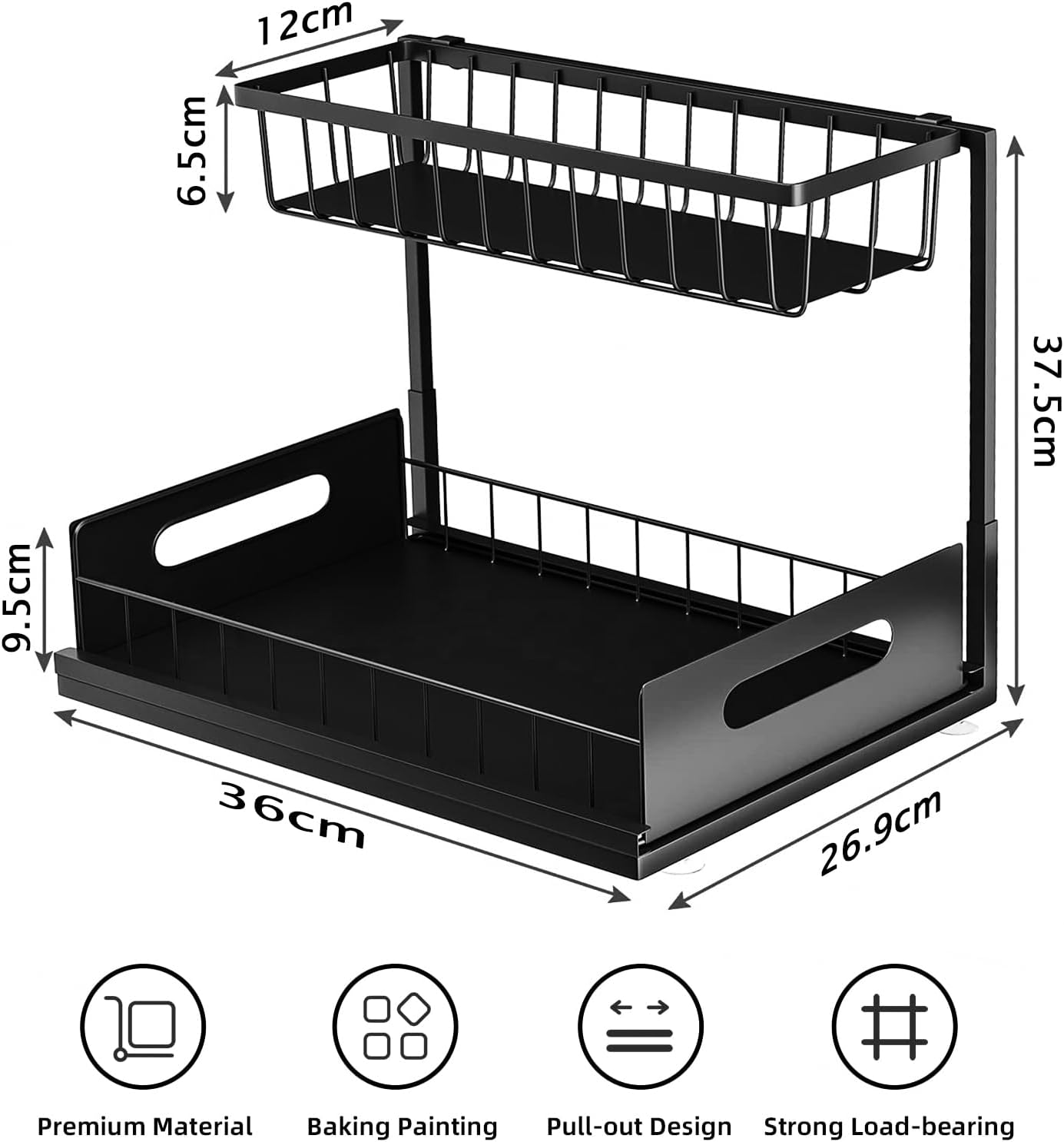 DEVA 2 Pack under Sink Organiser, High Duty Metal under Sink Organizer and Storage & 2 Tiers Pull-Out Drawers, Kitchen Sink Organiser for Kitchen Bathroom Pantry Laundry (Black) - Black image number 5