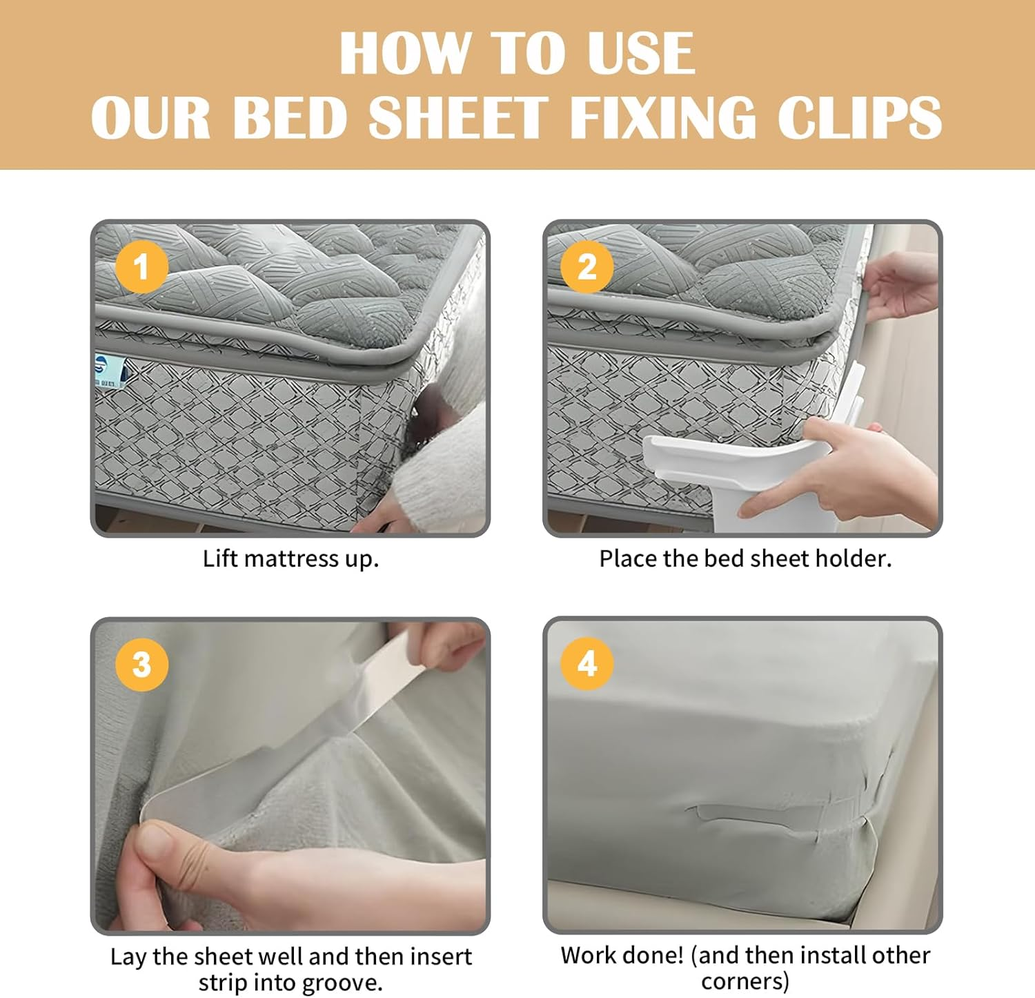 4Pcs Bed Sheet Fixing Clips with Lock Strips, Sheet Corner Holders Bed Sheet Holders Fastener Clips Corner Tightener Clips for Mattress Covers, Blankets, Bedding (White)