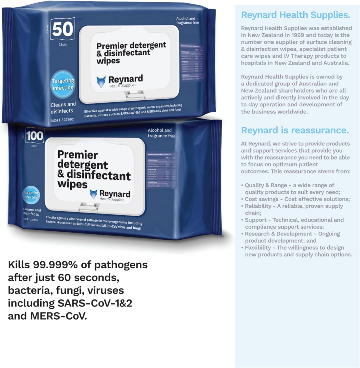 Reynard Health Supplies Premier Detergent & Disinfectant Wipes, Kill Sars-Cov-1&2 in 30 Secs, 33 X 22 Cm, 50 Count (RHS216) image number 2