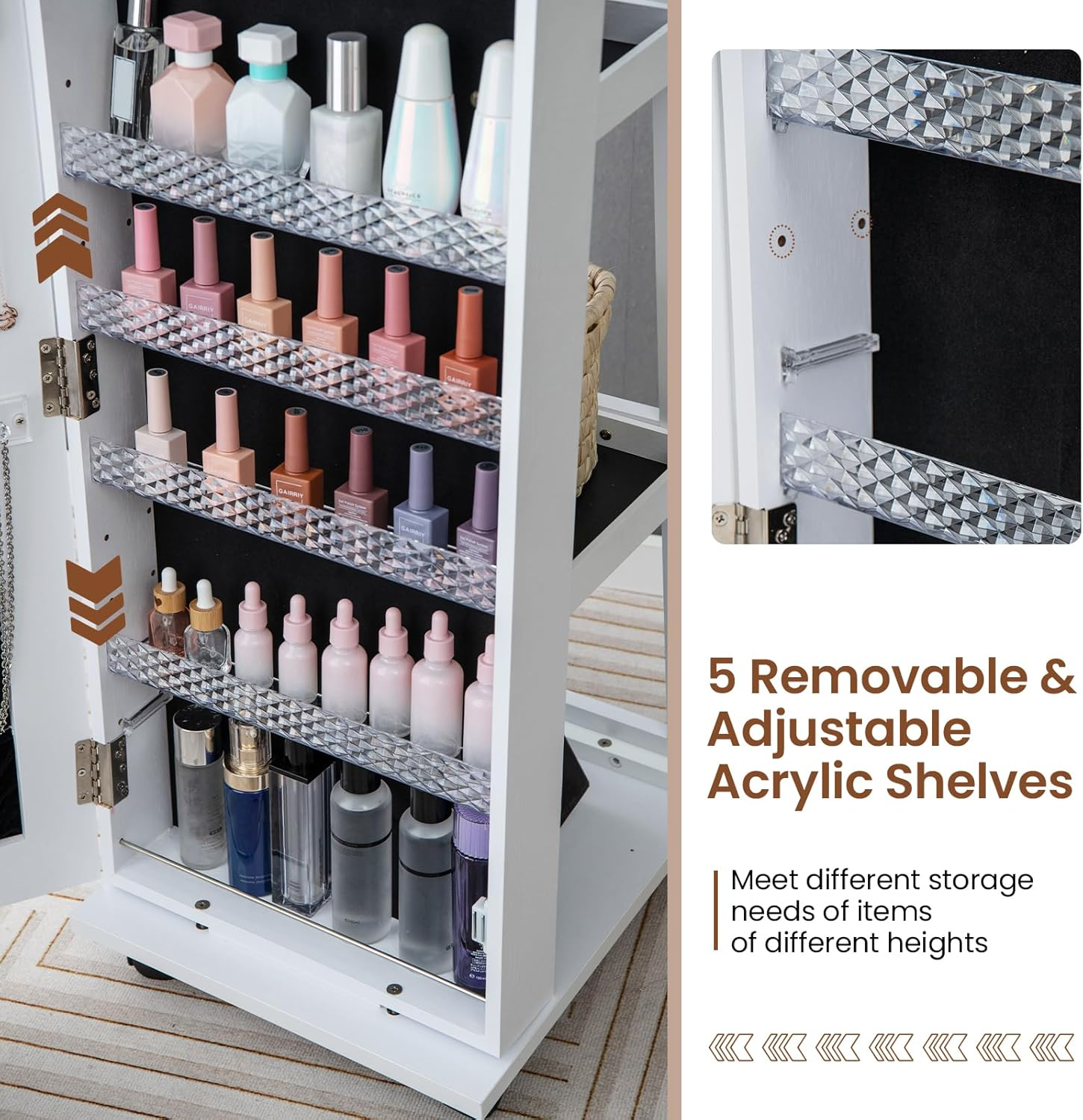 Costway Mirror Standing Jewelry Organizer, Cosmetic Storage Organizer with Lock, 3 Color LED Lights, Built-In Vanity Mirror, Universal Wheels, Freestanding Makeup Storage Cabinet image number 6