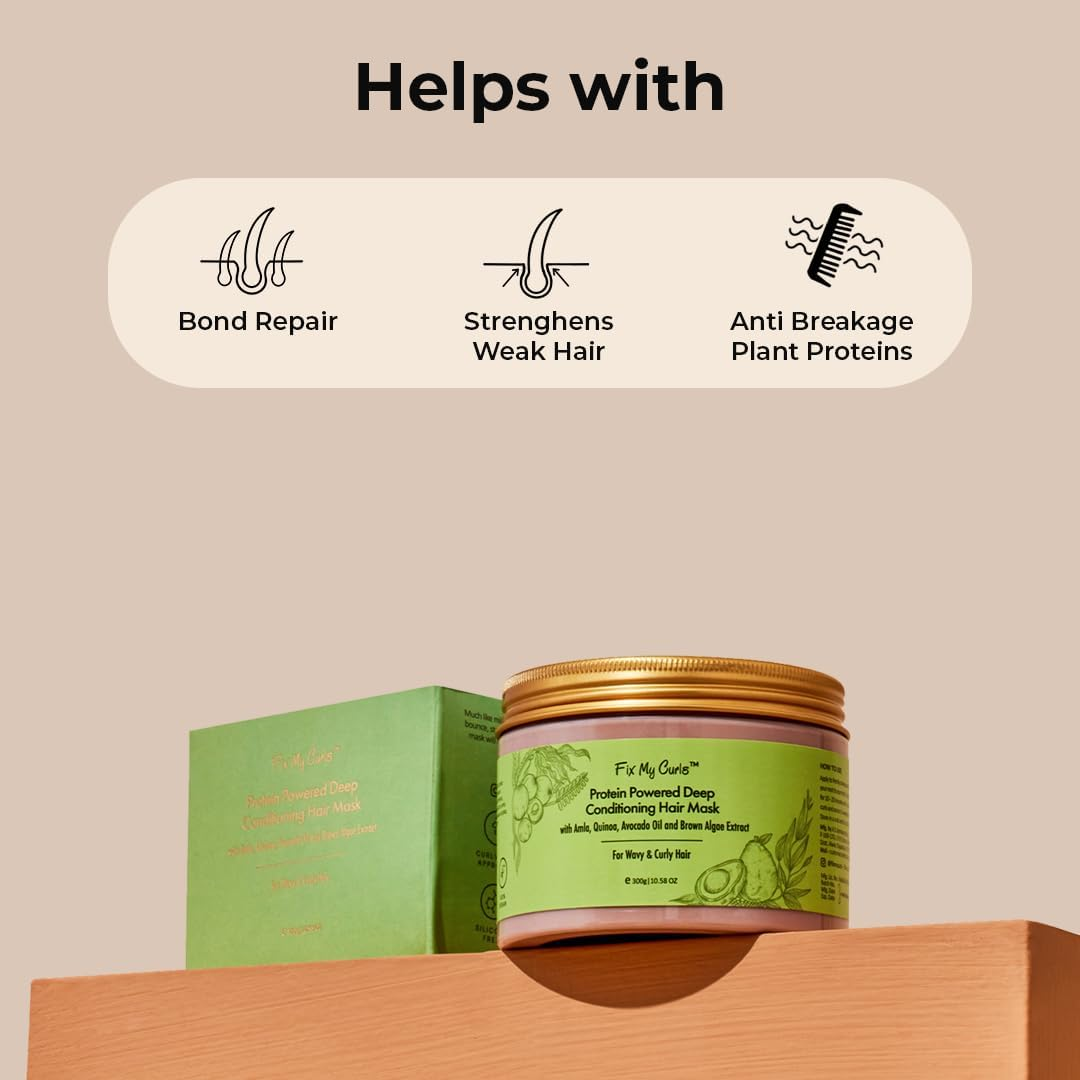 Fix My Curls Protein Powered Deep Conditioning Mask with Amla, Quinoa, Avocado Oil, & Brown Algae Extract for Curly and Wavy Hair (300G)