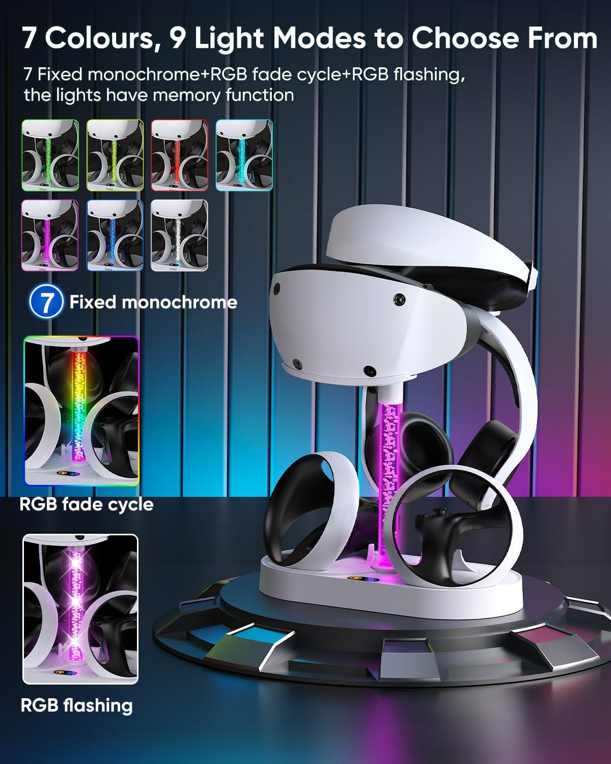 FASTSNAIL Charging Station Compatible with Playstation VR2 Controller, LED Stand for PS5 VR Headset & Sense Controller with 10 RGB Light, PS VR2 Game Accessories Storage Base image number 1