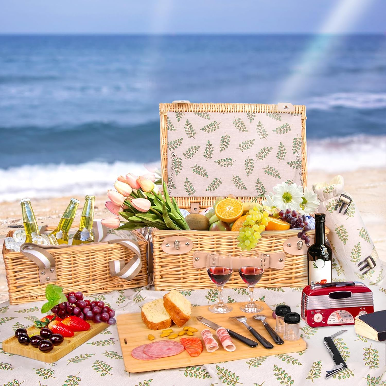 Hap Tim Dual Wicker Picnic Basket Set with Blanket Charcuterie Boards for 2/4/6 - Unique Gifts Ideas for Couple, Engagement, Wedding, Bridal Shower, Family, Christmas - White Elephant Gifts for Adults image number 3