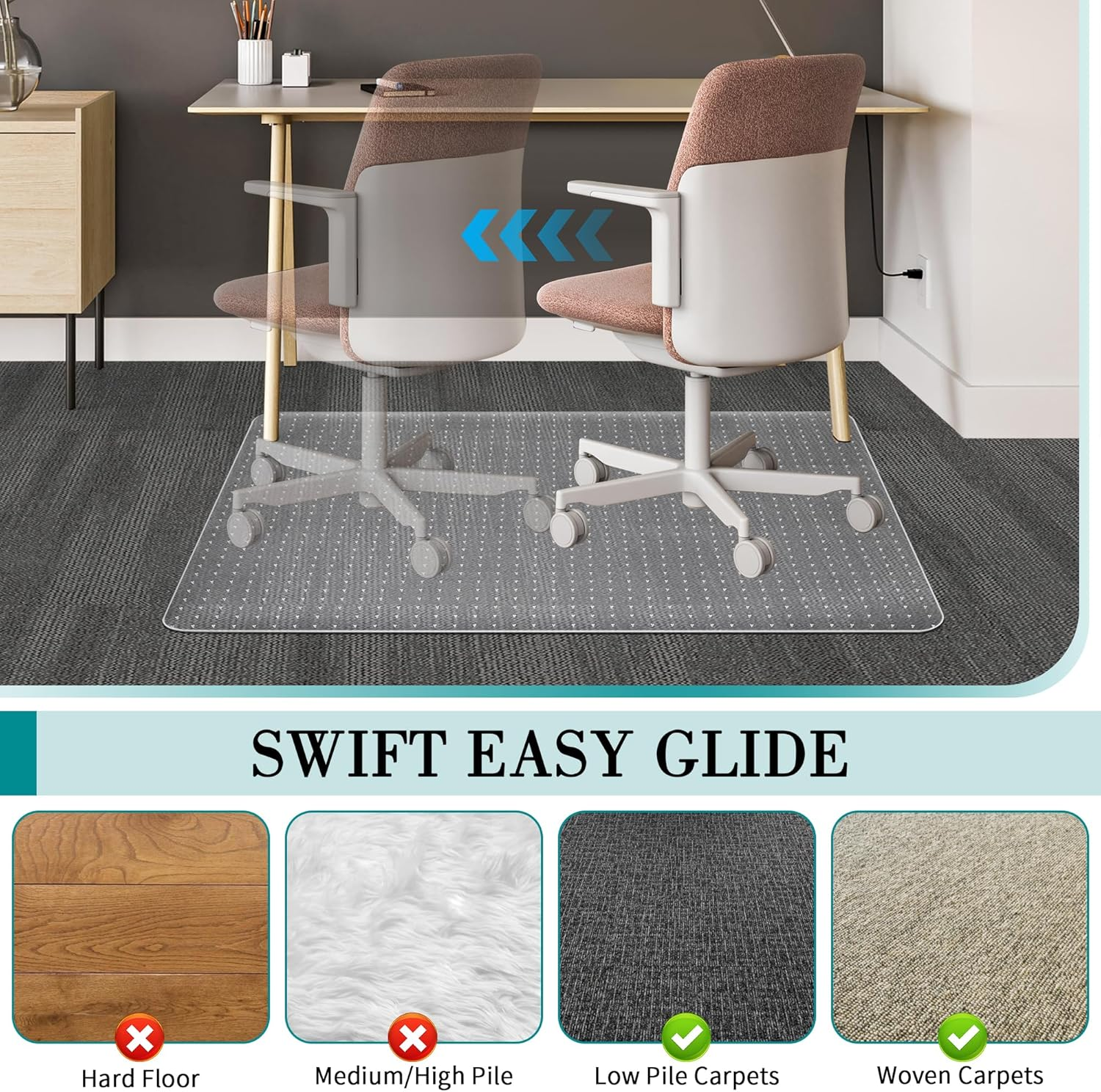 Beswin Office Chair Mat for Carpets, 48'' X 30'' Clear Computer Desk Chair Mat for Low and No Pile Carpeted Floors, Thick and Sturdy Carpet Protector, Easy Glide and Flat without Curling, BES4830CP image number 1