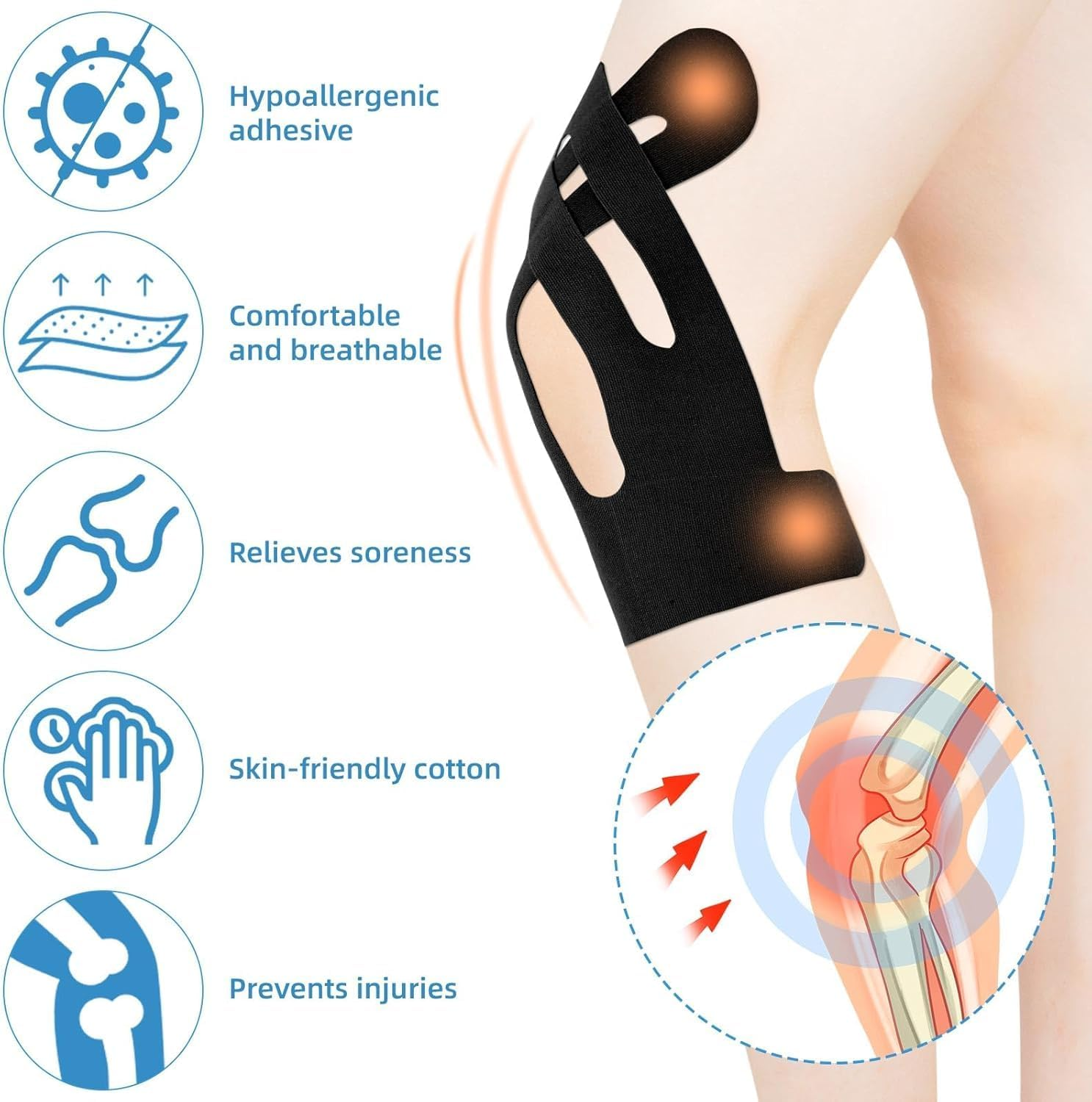 Quhoxdye Kinesiology Tape for Knees, 10 Pcs Knee Support & Stability, Knee Pain Relief Athletic Tape - Waterproof & Elastic, Breathable Hypoallergenic Latex-Free Tape, (Black)