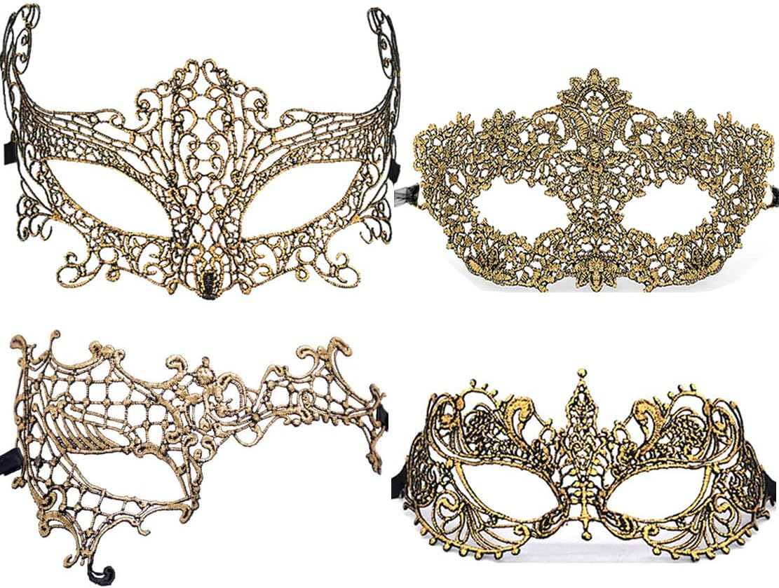 Imapo Masquerade Mask for Women Gold Color, Girl'S Sexy Lace Venetian Eye Masks for Cosplay Party - 4 Pack
