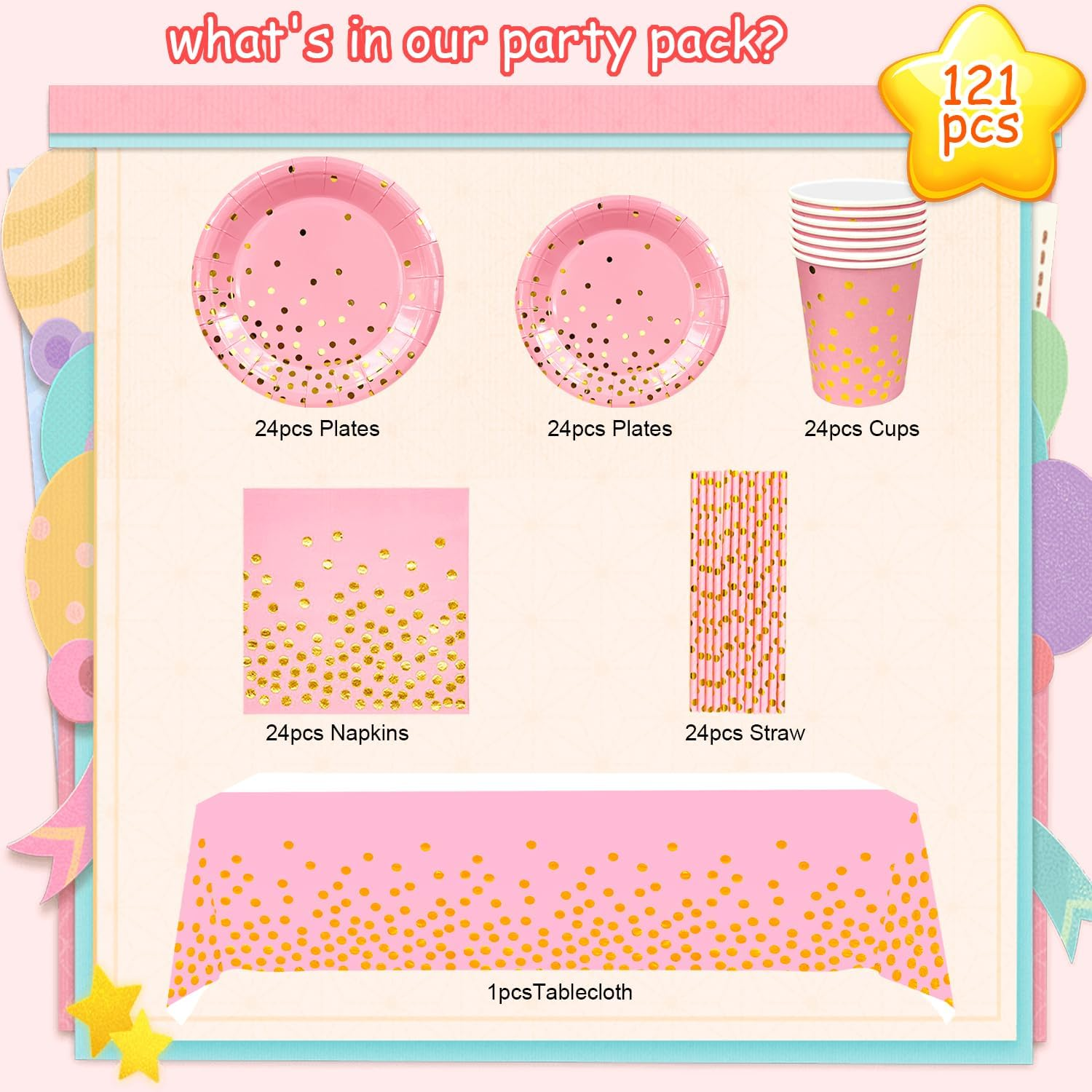 Pink Gold Party Tableware Set, 121Pcs Pink Dot Tableware Set Pink and Gold Paper Plates Cups Pink Gold Polka Dot Tablecloth Etc Pink and Gold Party Supplies Tableware image number 2