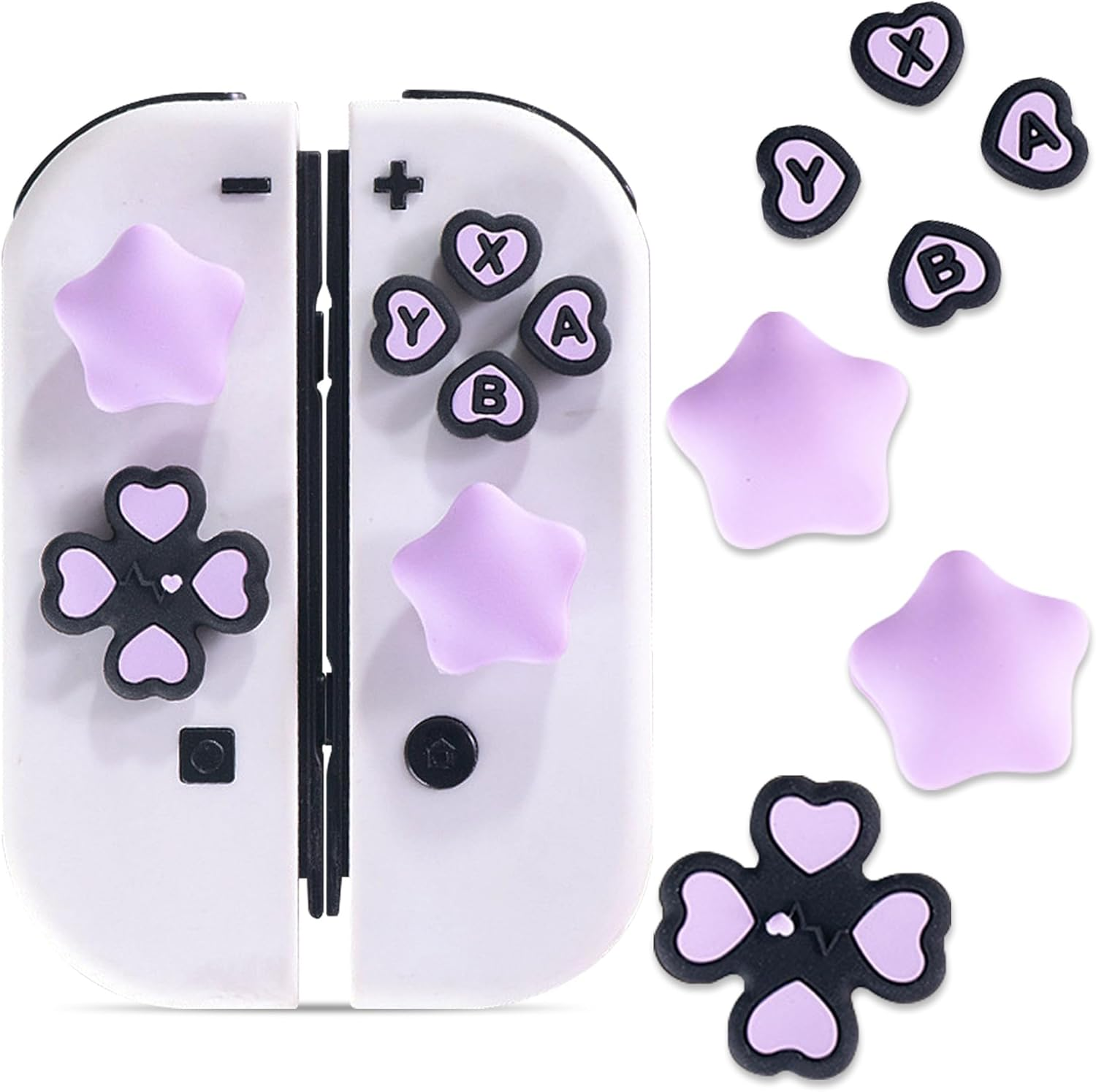 Cross D-Pad Button Caps Thumb Grips Set, Compatible with Nintendo Switch 2, Cute Star 3D Soft Silicone ABXY Buttons Sticker Joystick Cover Caps, Black/Purple image number 5