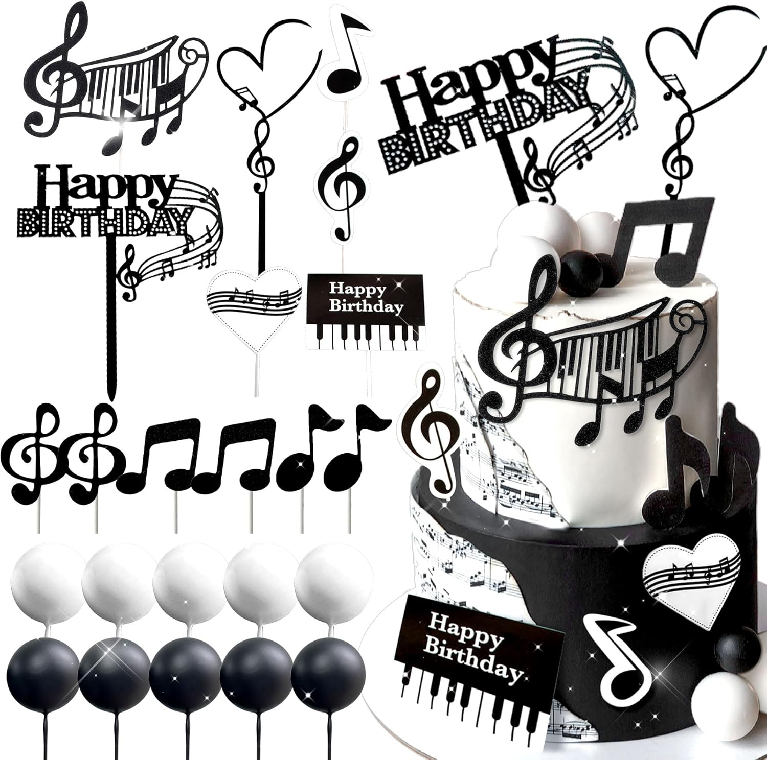 Jevenis Rock Music Cake Topper Guitar Cake Toppers Music Notes Balls Cake Decorations for Musician Birthday Party Rock Theme Party