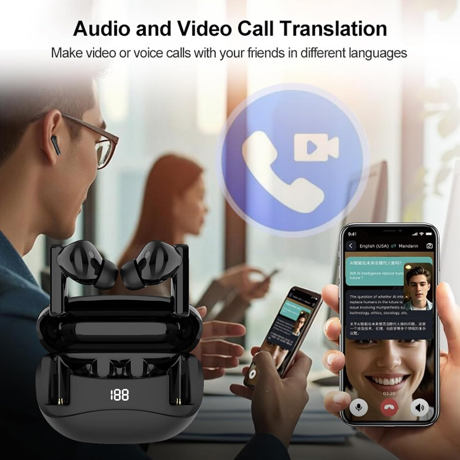 Jectse Wireless Translation Earbuds with Hifi Sound for Multilingual Travelers, Real Time Language Translation Earphones [2 Earphones, Black] image number 1