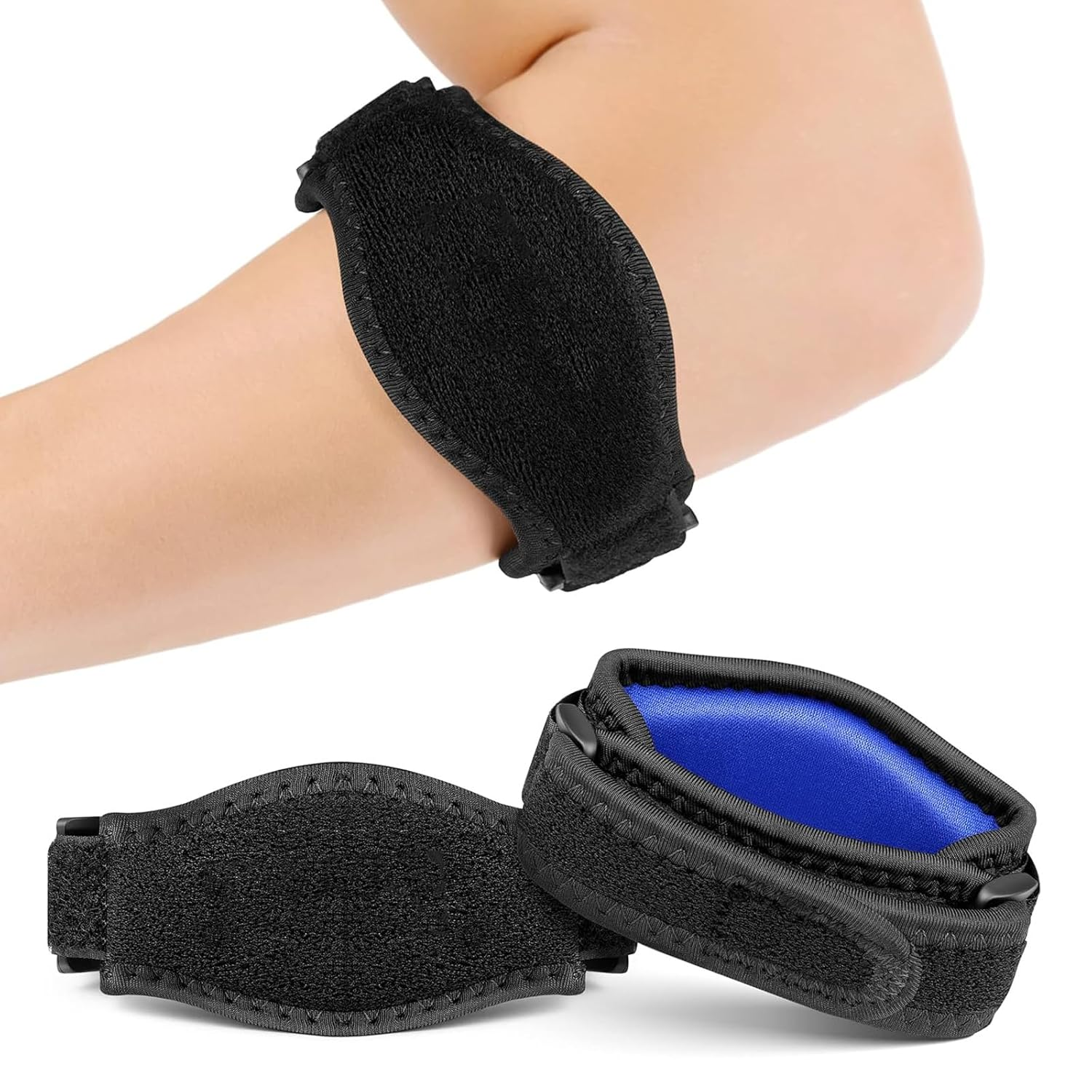 2 Packs Tennis Elbow Brace for Men & Women, Tendonitis Elbow Brace & Strap Golfers Elbow Brace Counterforce Band for Tendon Pain Relief & Support for Forearm (Blue/Black) image number 1