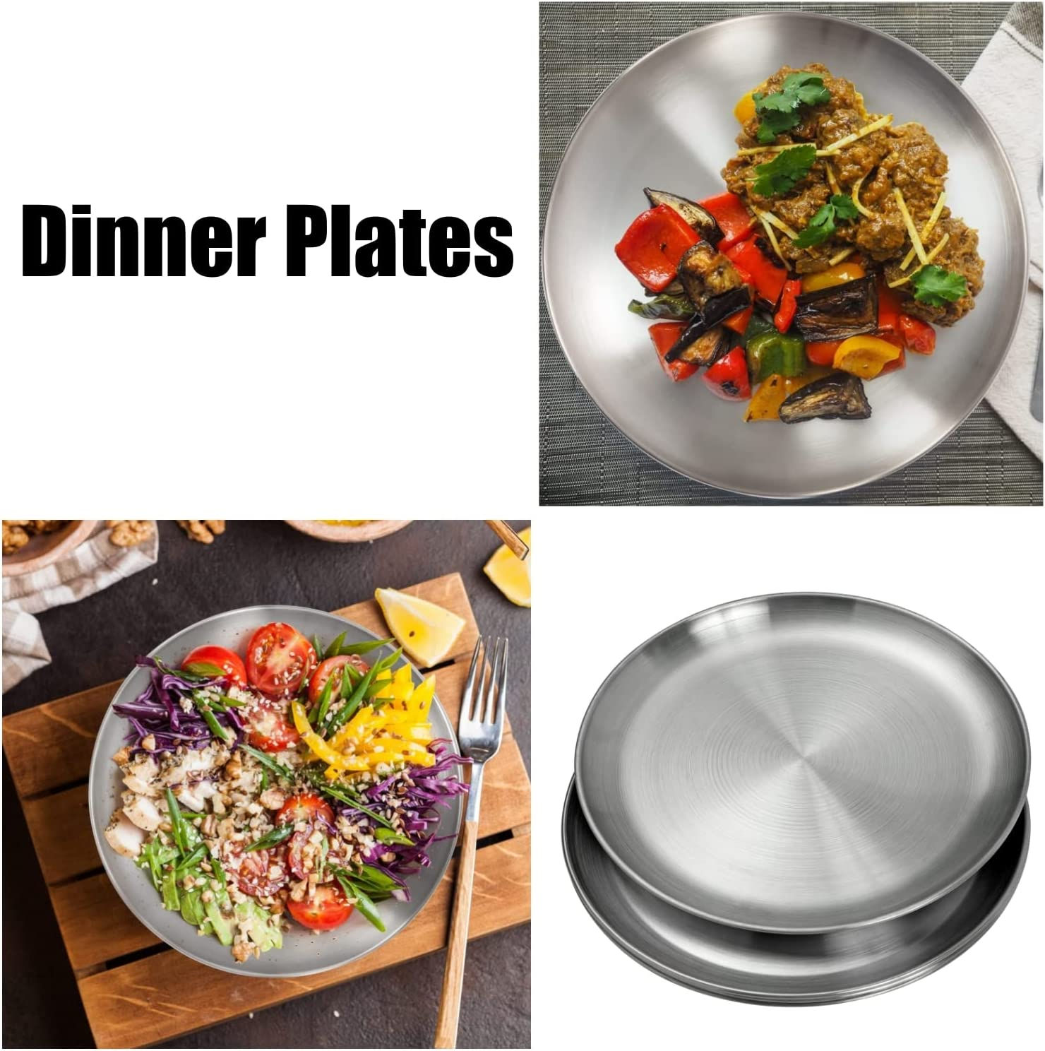 WANBY Stainless Steel Plates Metal Lightweight Steel Plate Unbreakable Dinner Dishes Plates Set Non-Toxin Dishwasher Safe BPA Free and Healthy (4 Pcs) image number 1