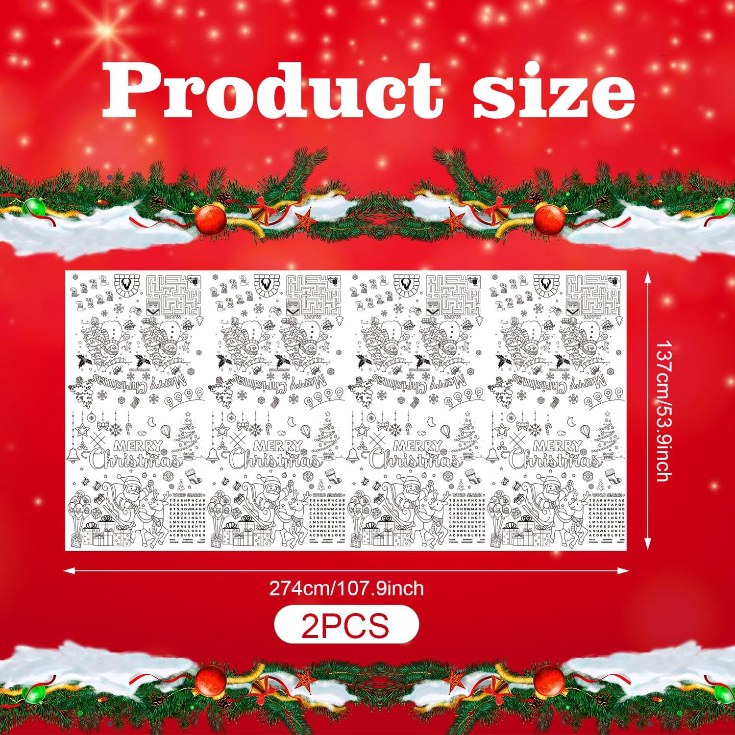 2Pcs Christmas Coloring Tablecloth, 53.9X107.9 Inch Christmas Paper Tablecloth Christmas Table Decor Coloring Poster for Kids Home Classroom Activities Party Favors image number 2