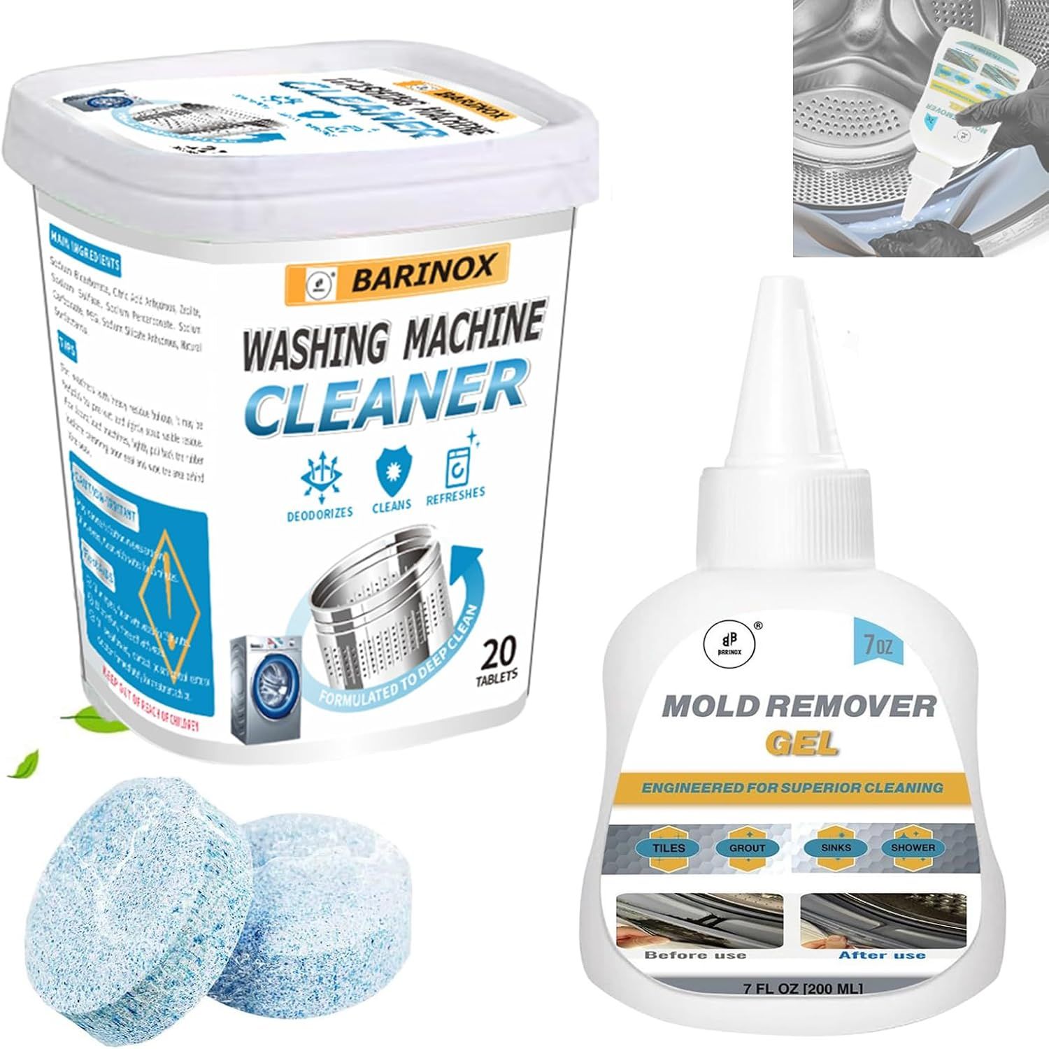 Bundle - Washing Machine Cleaner Tablets (20 Pack) & 7 Oz Mold Remover Gel | Deep Cleaning, Odor & Mold Removal | Multi-Purpose Cleaner for Washing Machines, Household Surfaces & Bathrooms