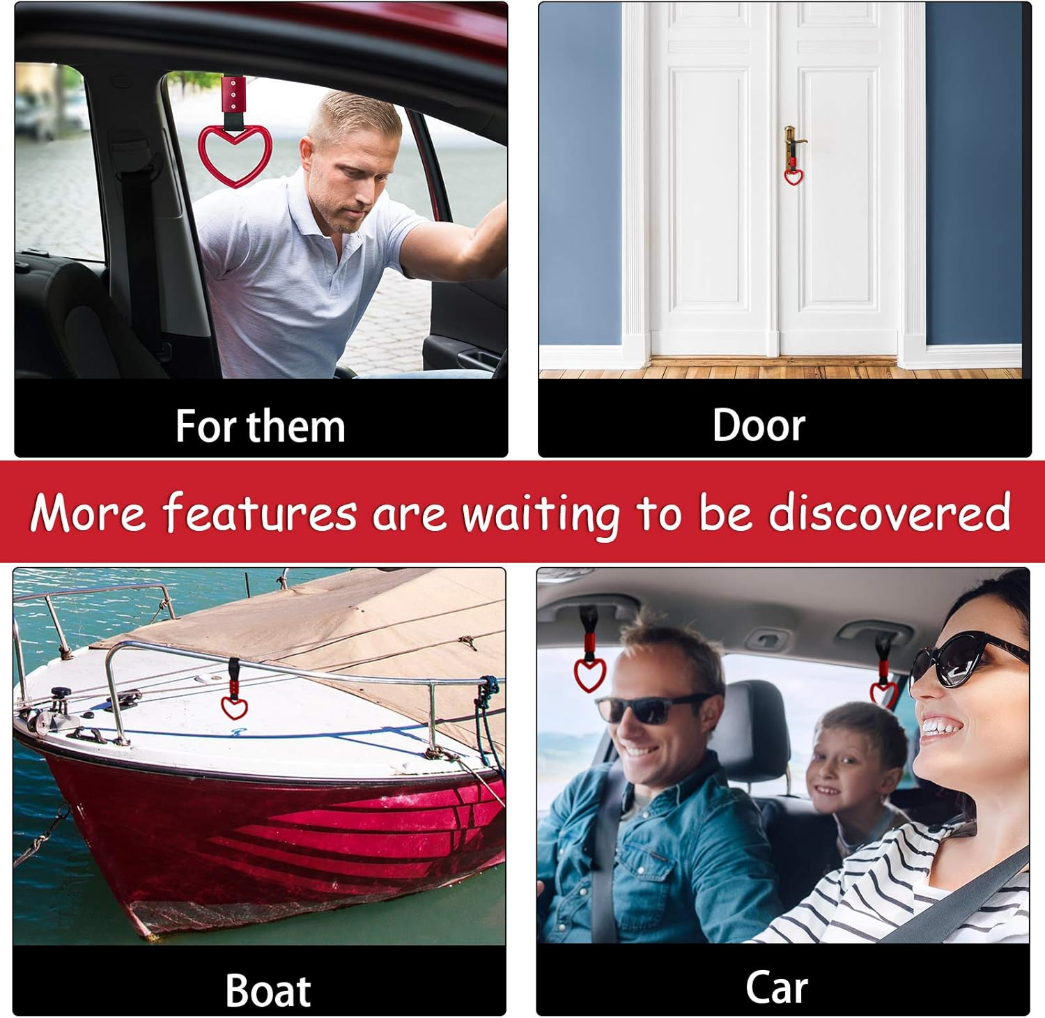 2 Pieces Rings Heart Shaped Car Handle Straps Drift Charm Rear Bumper Warning Ring Decor Subway Bus Broken Heart Handle for Car Interior (Red) - Pink, White image number 4