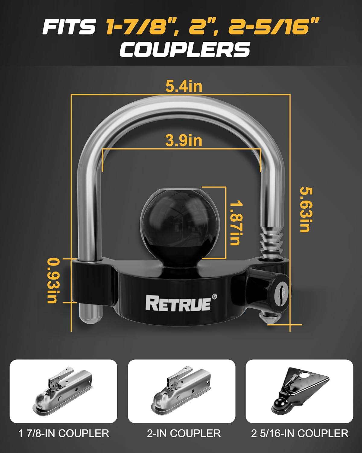 RETRUE Universal Coupler Lock Trailer Locks Ball Hitch Trailer Hitch Lock Adjustable Security Heavy-Duty Steel Fits 1-7/8 Inch, 2 Inch, 2-5/16 Inch Couplers, Black, Lightweight &hellip; image number 1