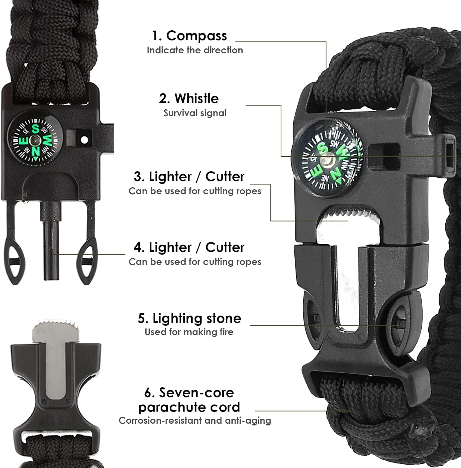 3 Pcs Adjustable Paracord Bracelets Kit - Ourtdoor Survival Bracelets with Fire Starter, Loud Whistle & Precision Compass, Durable & Lightweight for Camping, Hiking, Hunting (Black, Army Green & Camo) image number 1