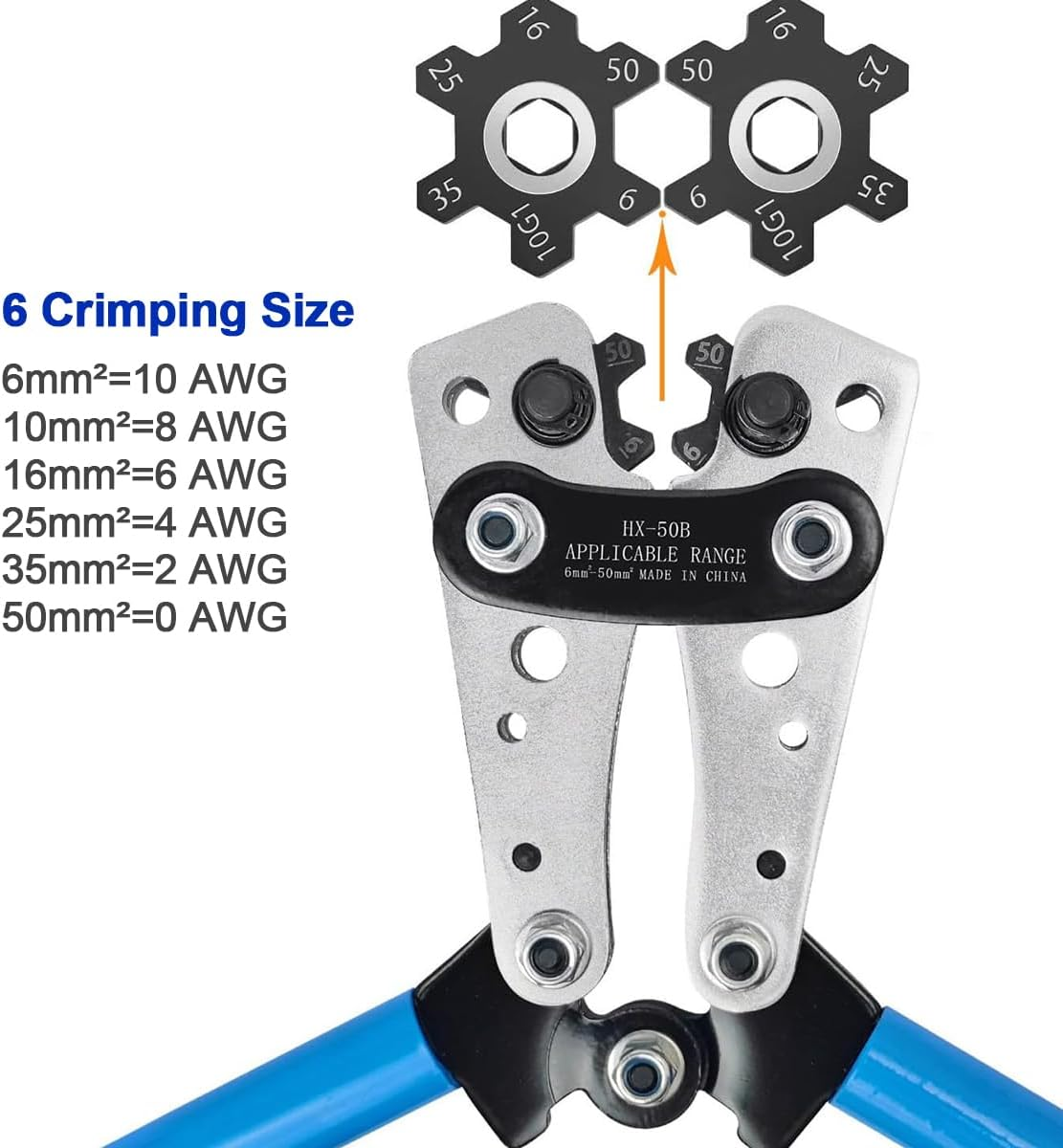 Battery Cable Crimping Tool 10-1 AWG with 8 Sizes 50Pcs Copper Ring Terminals Battery Terminal Crimper Set for Heavy Duty Wire Lugs, Battery Cable Lug Crimping Tool image number 2