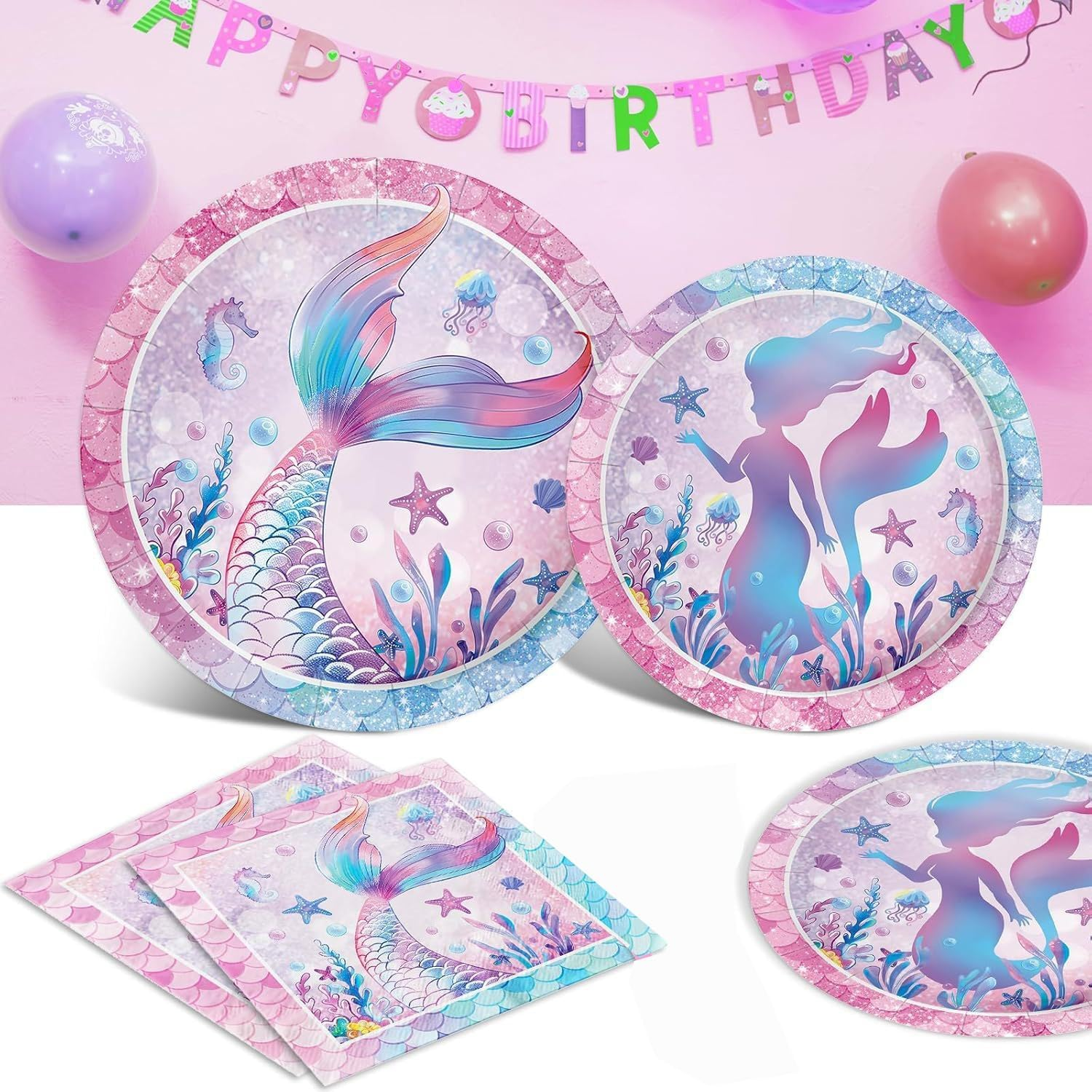 72Pcs Mermaid Disposable Tableware Birthday Paper Party Plates Napkins Set， Mermaid Birthday Party Tableware Serves 24 Guests