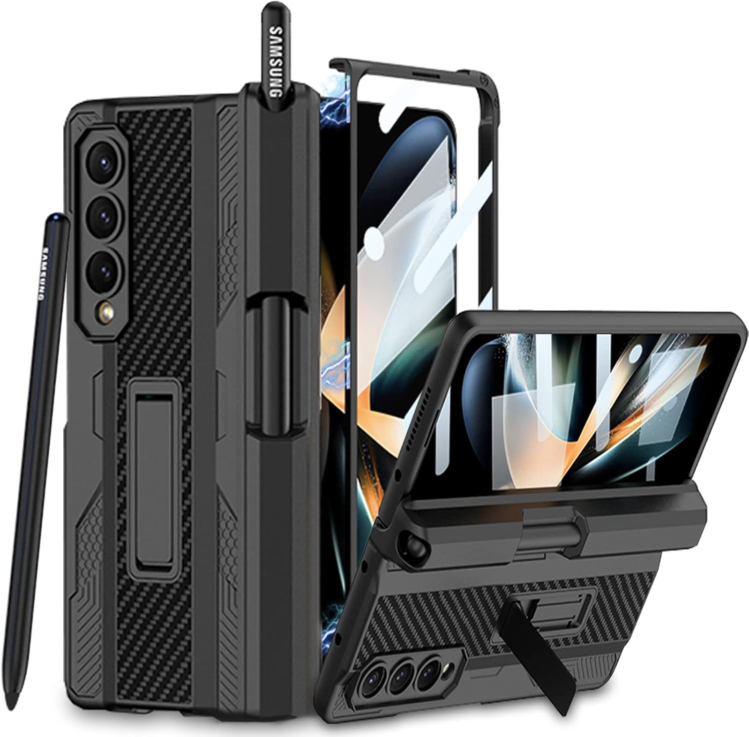 COCOING Samsung Z Fold 4 Case with S Pen Fold Edition, Hinges Protect Built-In Pen Holder, Screen Protector, Stand, Military Drop Protection (Black) image number 3