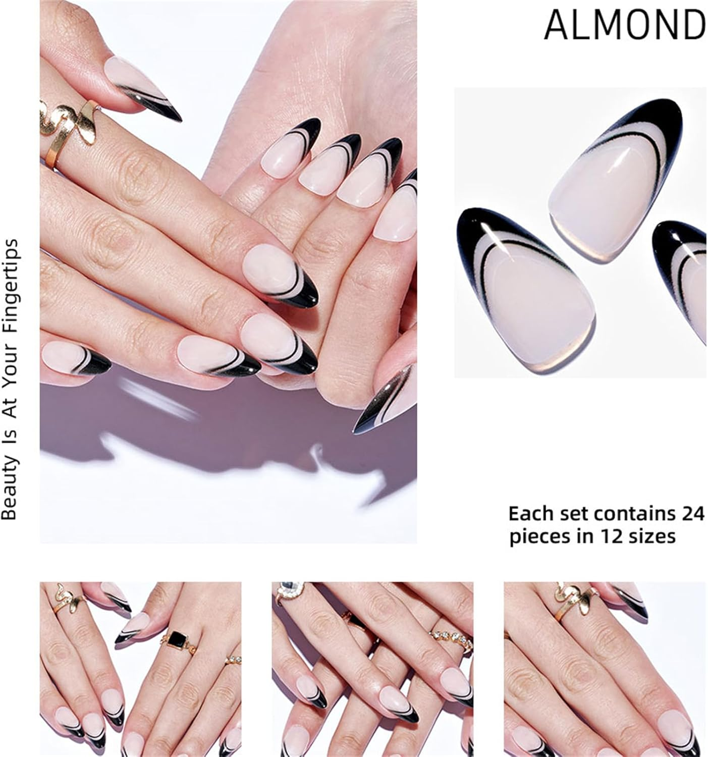 GLAMERMAID Black False Nails - French Tip Almond, 24 Pcs Reusable Stick on Nails Kit for Women Salon - Gradient Pink image number 3