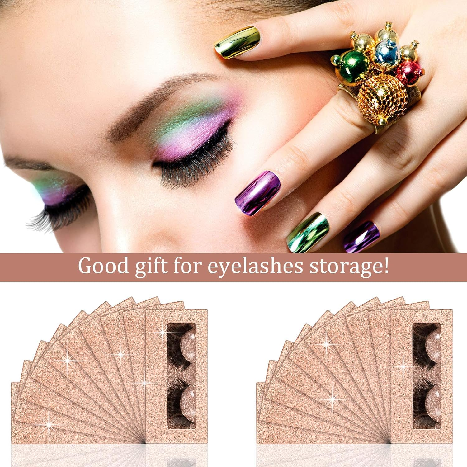 50 Sets Empty Eyelash Case Set, Include 50 Empty Eyelash Box Lash Box Packaging Eyelash Storage Box, 50 Eyelash Box Tray False Eyelash Storage Box Tray, 50 Internal Background Paper (Champagne Gold) image number 5