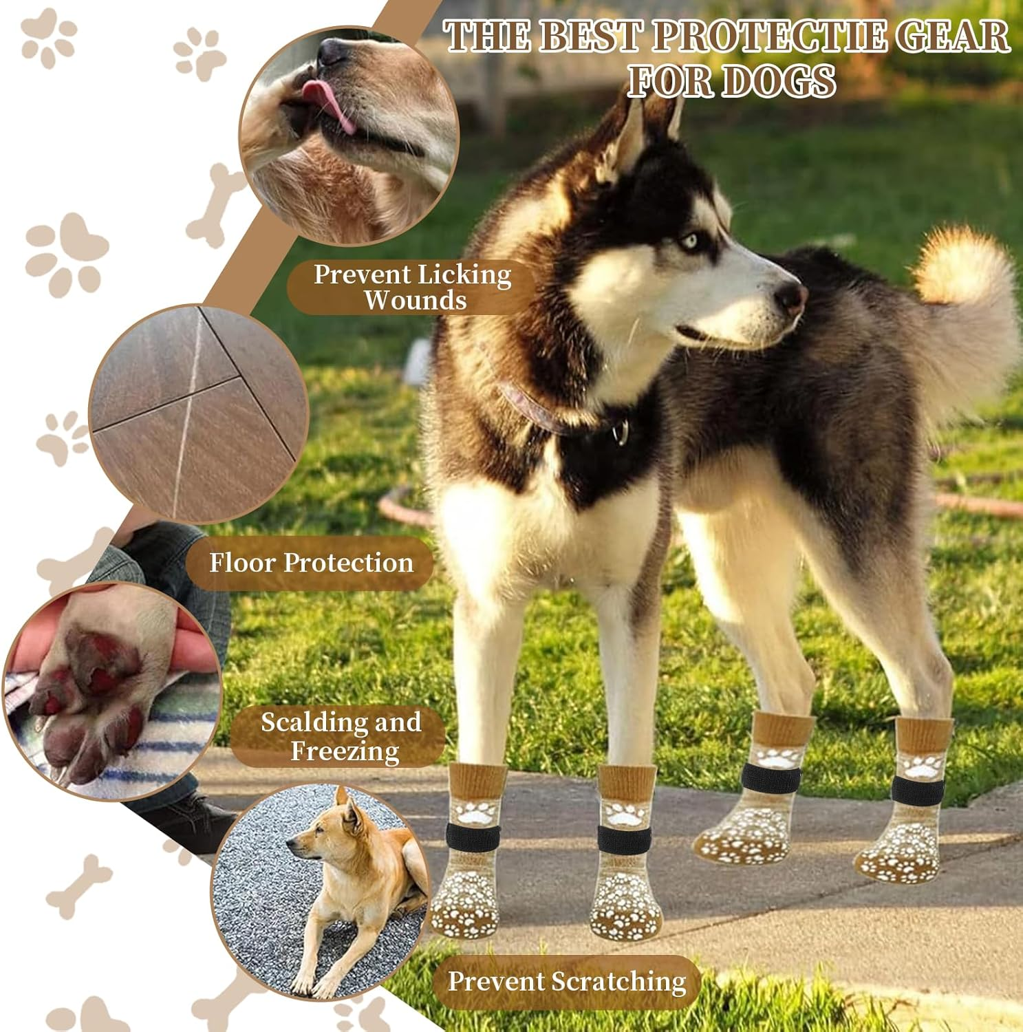4 PCS Premium Non-Slip Dog Socks for Hardwood Floors &ndash; Anti-Slip Breathable Socks with Extra-Thick Grips & Straps&ndash; Stops Licking, Prevents Slipping & Protects Paws - Ideal for Dogs (Brown, L) image number 1