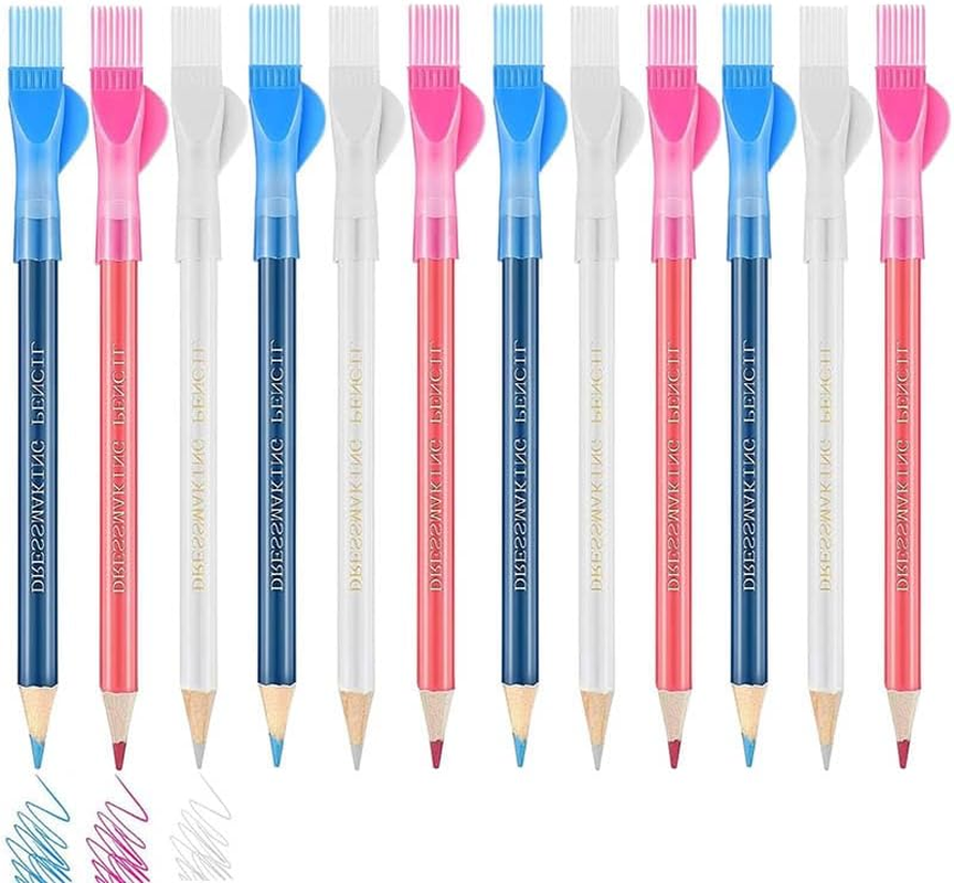 12Pcs Tailors Chalk with Brush Cap,Fabric Pencils Water Soluble Pen Tailor Mark Chalk with Brush Cap,Three Colors Pencils for Tailors Chalk,Sewing Pencils for Tailor or Home Marker and Tracing Tools