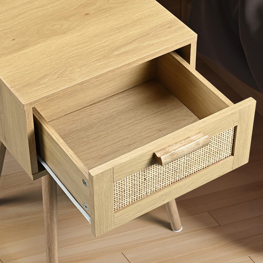 Furb Bedside Table with Storage Drawer Rattan Side End Table Small Narrow Nightstand for Living Room Bedroom Furniture, 40X34X58Cm image number 1