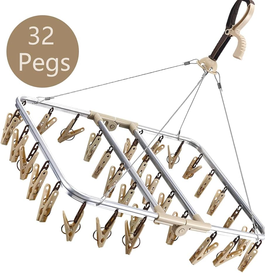 Sock Hanger for Washing Line Windproof Aluminum Sock Dryer with 32 Clothes Pegs Airer Clothes Dryer for Underwear Hats Socks and Small Laundry Items (Beige) image number 4