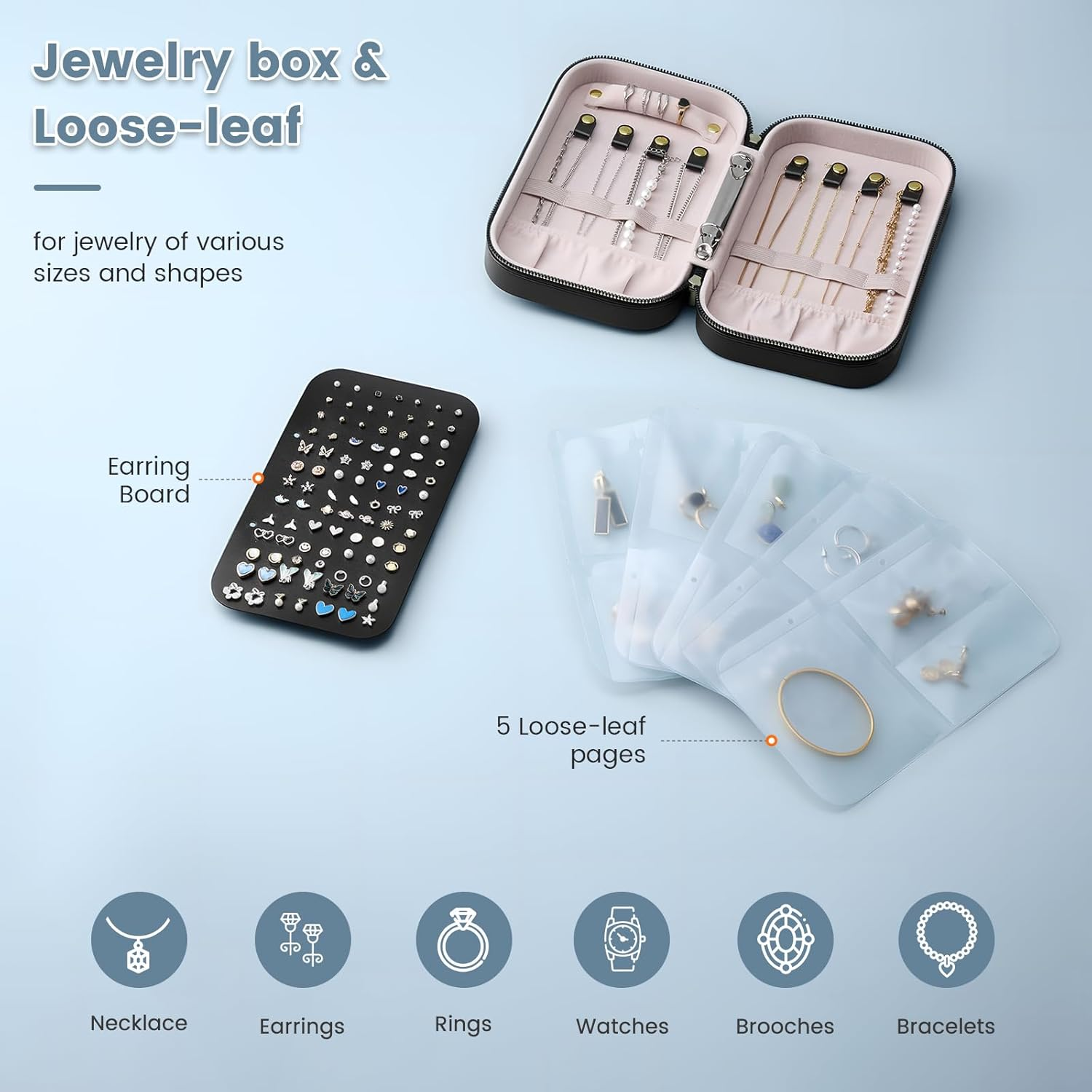 Lolalet Travel Jewelry Organizer, Jewelry Storage Case with Pocket, Earrings Necklaces Bracelets Ring Zippered Storage Pouch for Women -Black image number 6